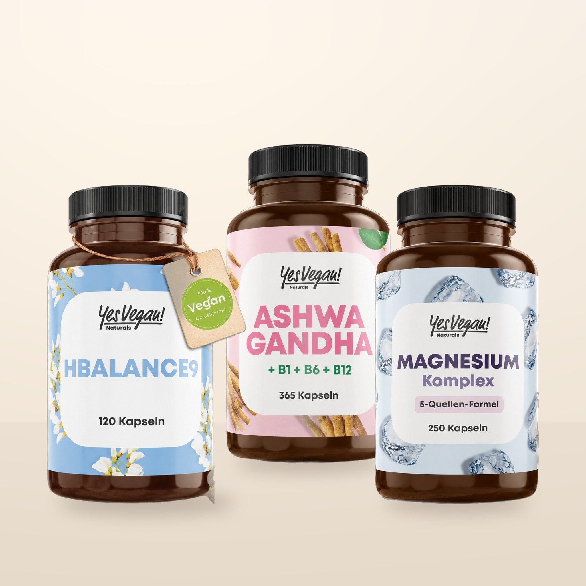 Trois produits Yes Vegan : HBalance9 (120 gélules), Ashwagandha (365 gélules) et Complexe Magnésium (250 gélules).