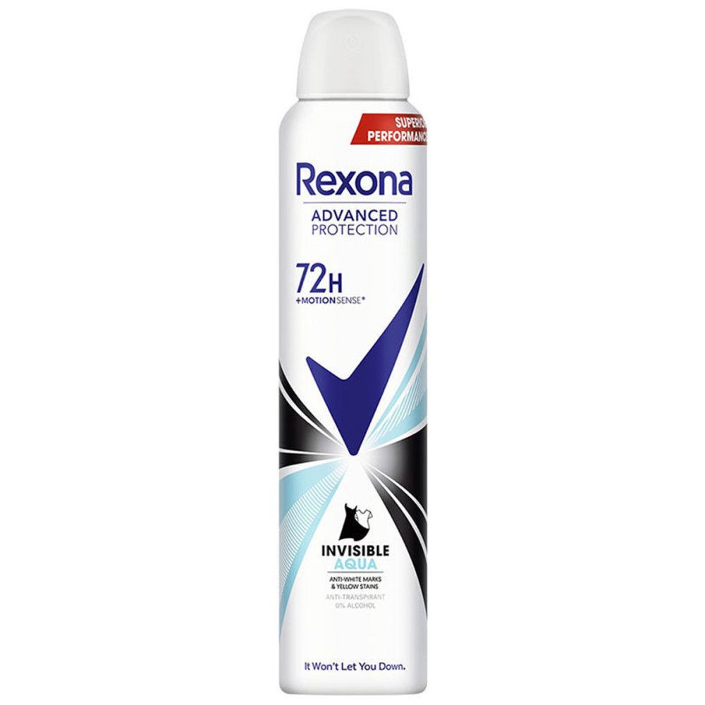 Witte deodorant spray met witte dop. Opschrift: Rexona Advanced Protection 72H. Blauwe markering. Aqua logo.