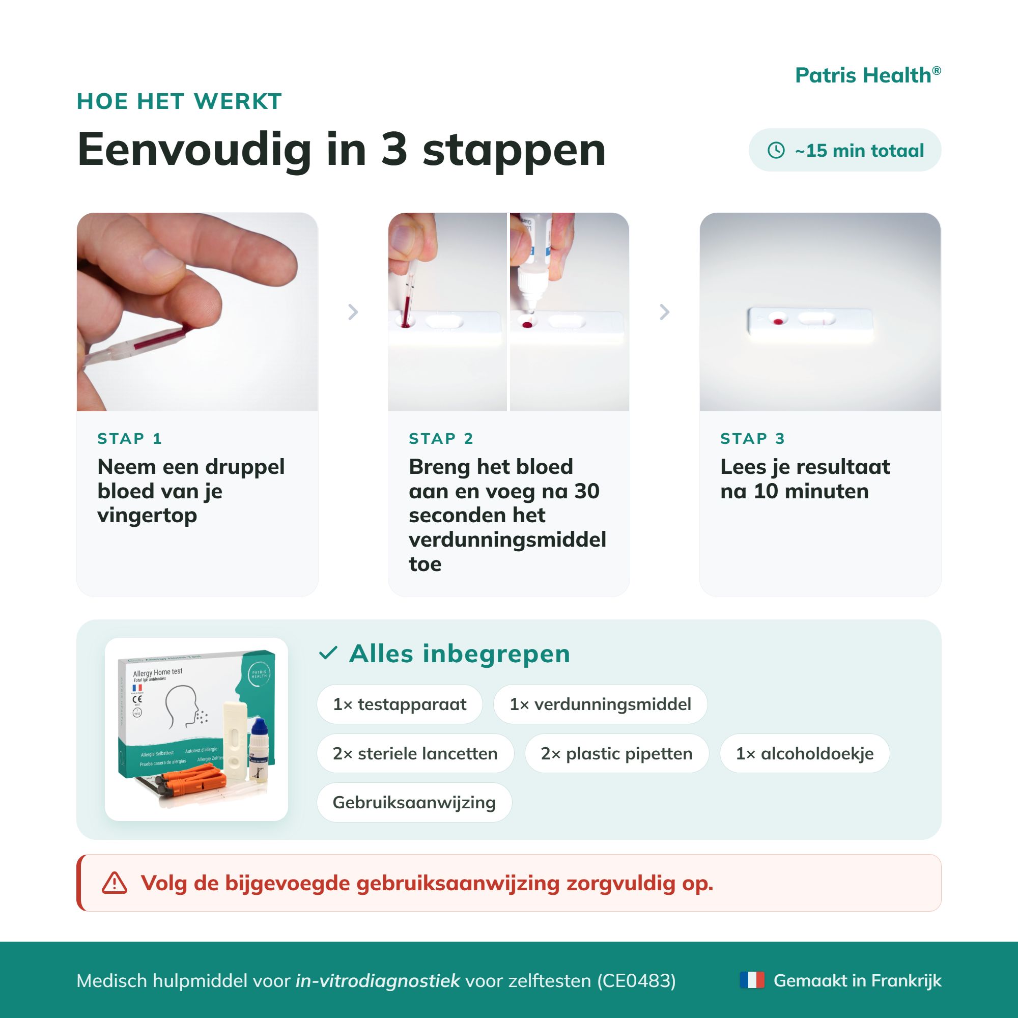 Testprocedure voor de snelle allergietest in 6 stappen.