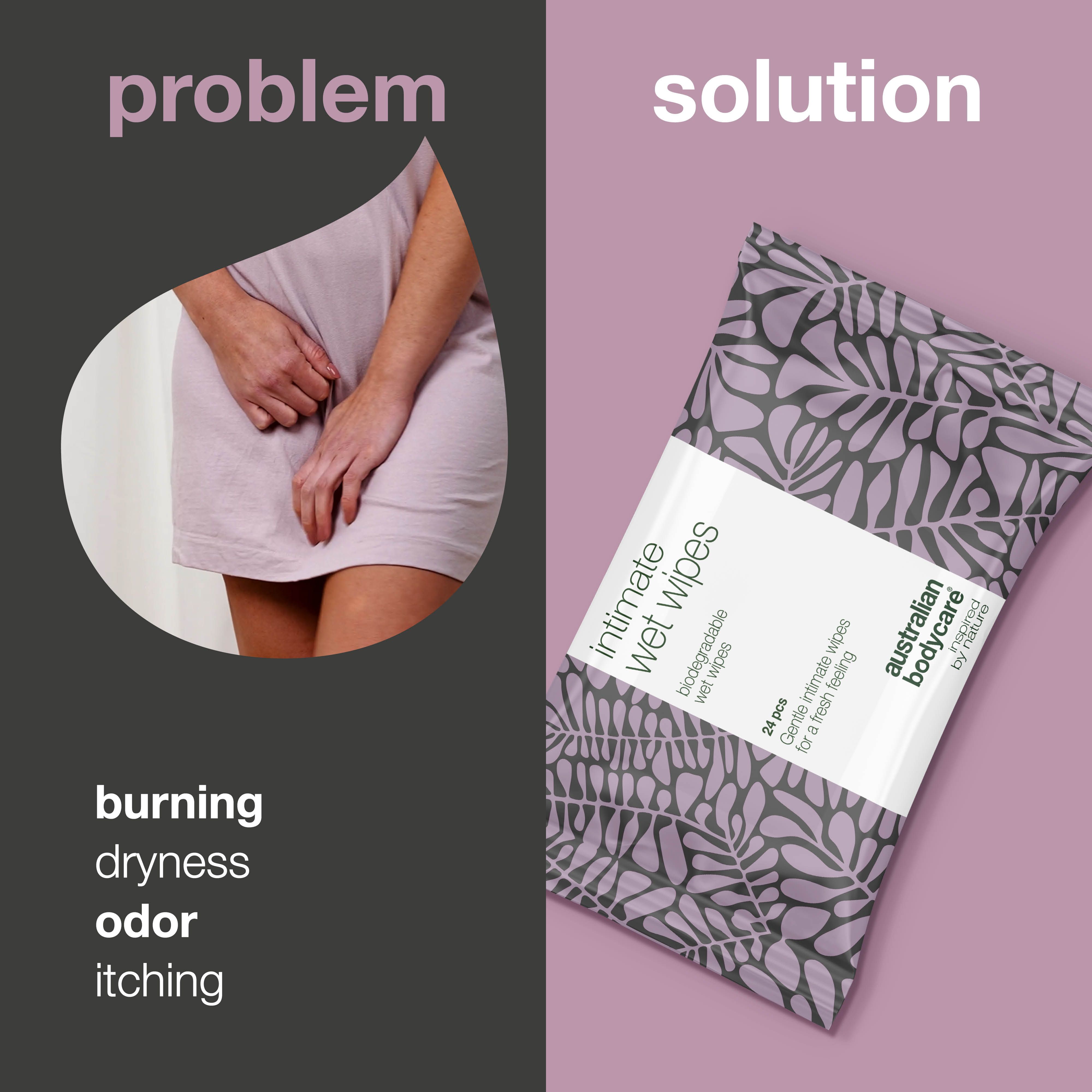 Problème : femme avec bas-ventre. Solution : emballage lingettes intimes. Texte : brûlure, sécheresse, odeur, démangeaisons.