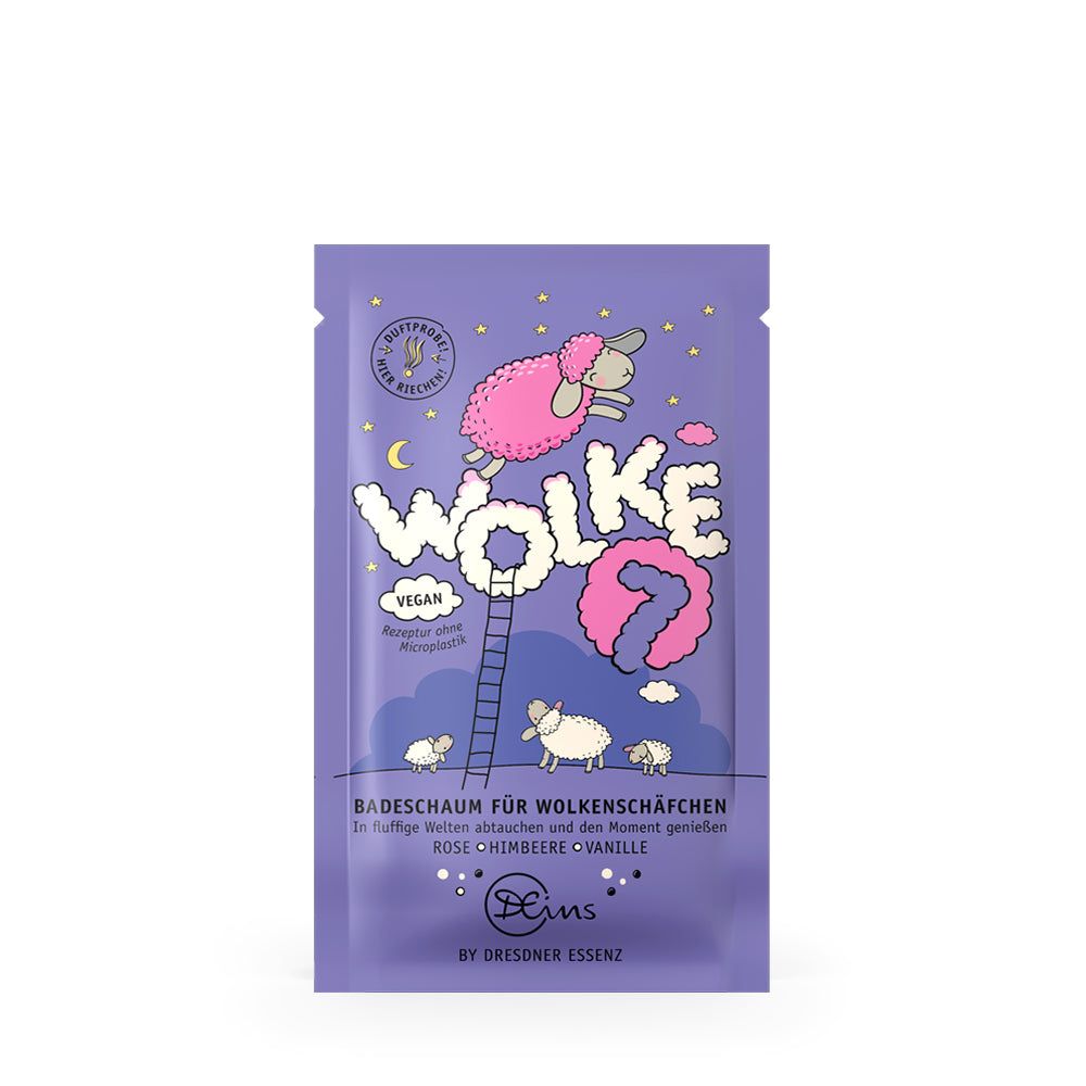 Paarse zak met Wolke 7 badschuim ontwerp. Illustratie van een roze schaap, ladder, maan en sterren. Tekst: Badschuim voor wolkenschaapjes.