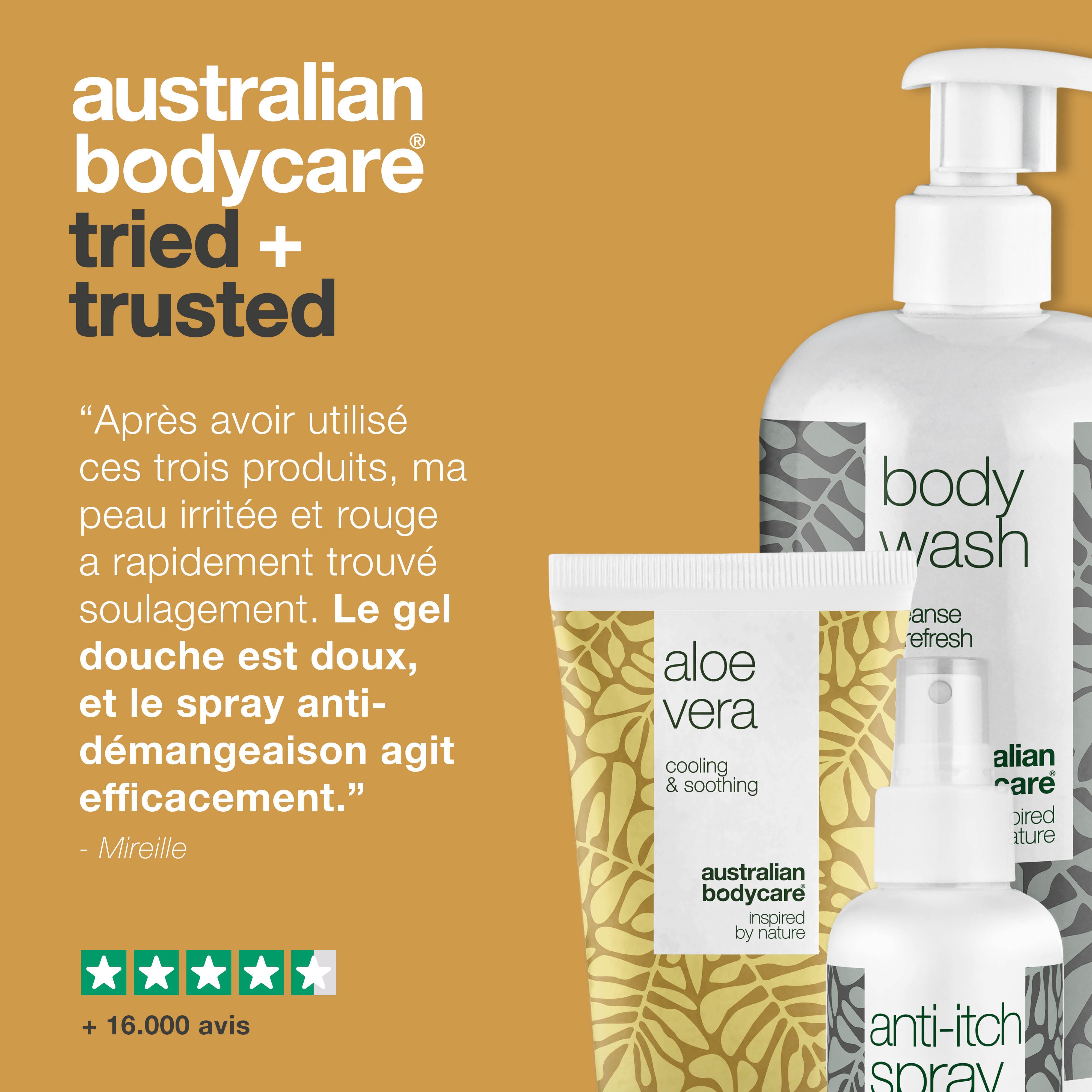 Trois produits : Body Wash, gel Aloe Vera et spray anti-démangeaisons. Texte : Testé et approuvé.