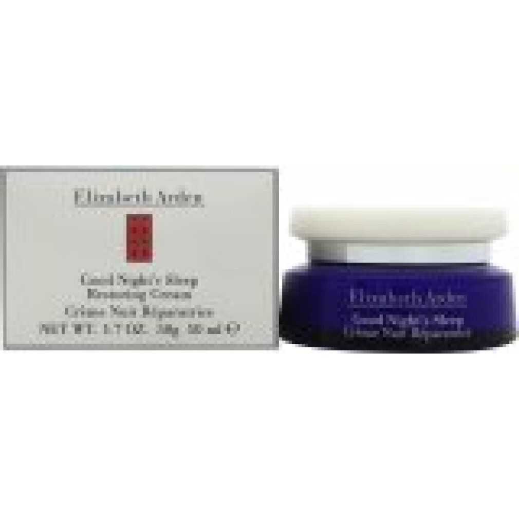 Pot de crème bleu avec couvercle blanc et boîte. Inscription: Elizabeth Arden Good Night's Sleep Restoring Cream. Boîte avec informations.
