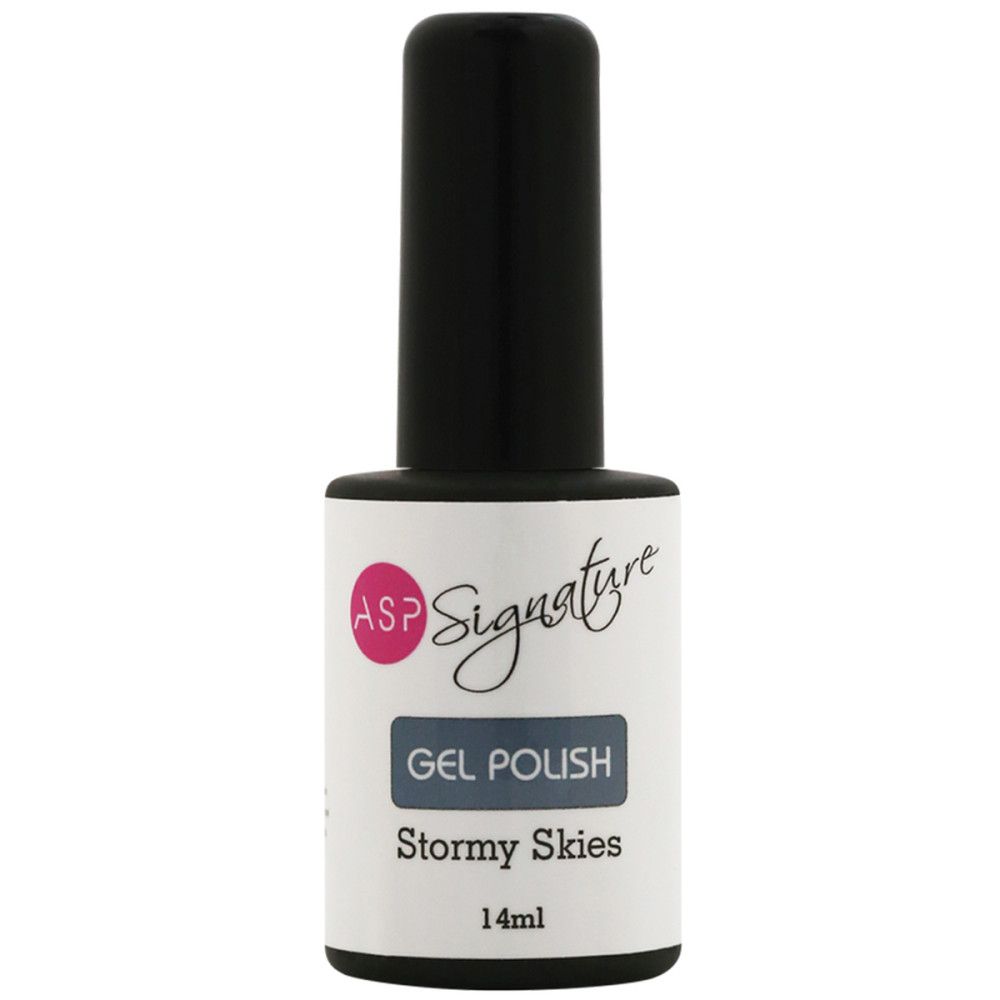 Flacon de vernis à ongles avec bouchon noir. Étiquette 'ASP Signature' et 'Stormy Skies'. 14ml.