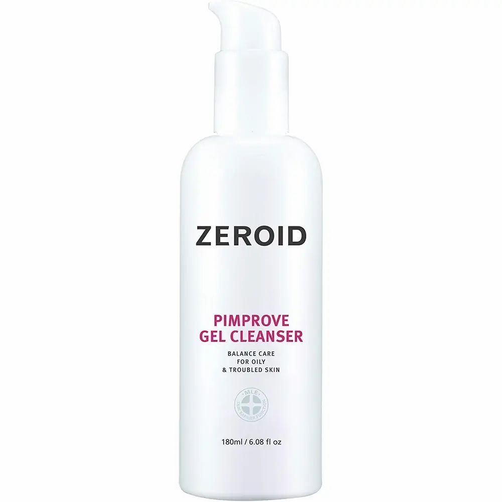 Flacon blanc ZEROID Pimprove Gel Cleanser avec pompe. Texte: Pimprove Gel Cleanser, Balance Care for Oily & Troubled Skin.