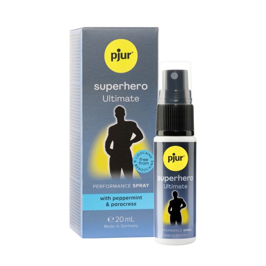 Productfles en verpakking. Opschrift: pjur, superhero Ultimate, Performance Spray. Bevat pepermunt & paracress. Fles met verstuiver.