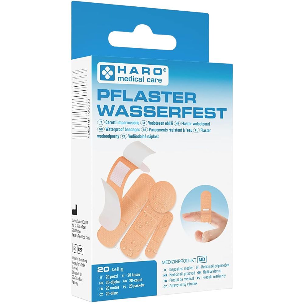 Boîte de pansements Haro. Inscription "Pflaster wasserfest". Différentes formes de pansements sont présentées, ainsi qu'une main avec un pansement.