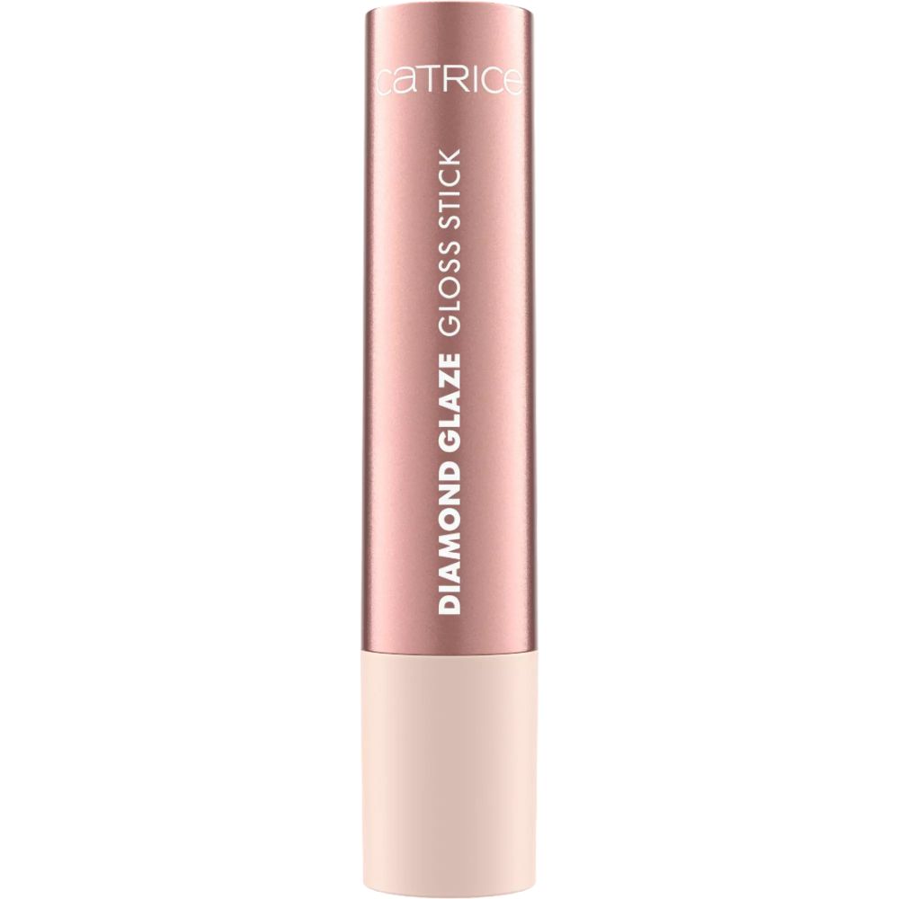 Gesloten lipgloss-stick. Roze huls met opschrift: CATRICE DIAMOND GLAZE GLOSS STICK.
