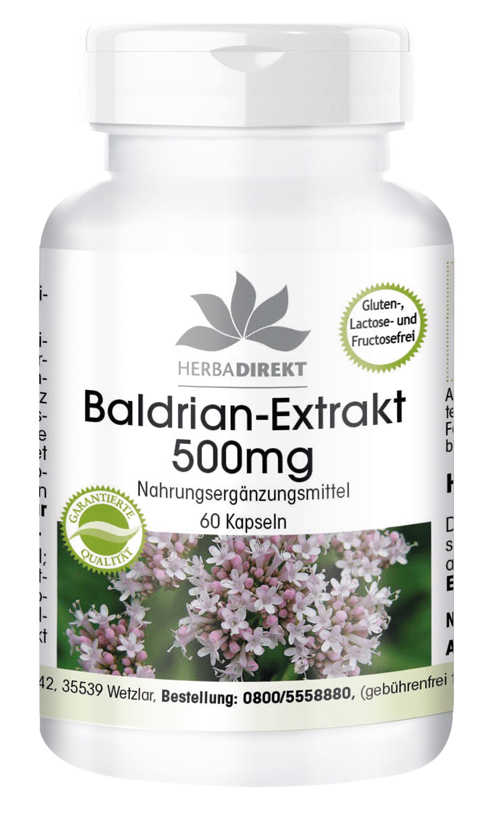 Flacon blanc de gélules. Inscription: Baldrian-Extrakt 500mg, 60 gélules. Label: Sans gluten, lactose et fructose.