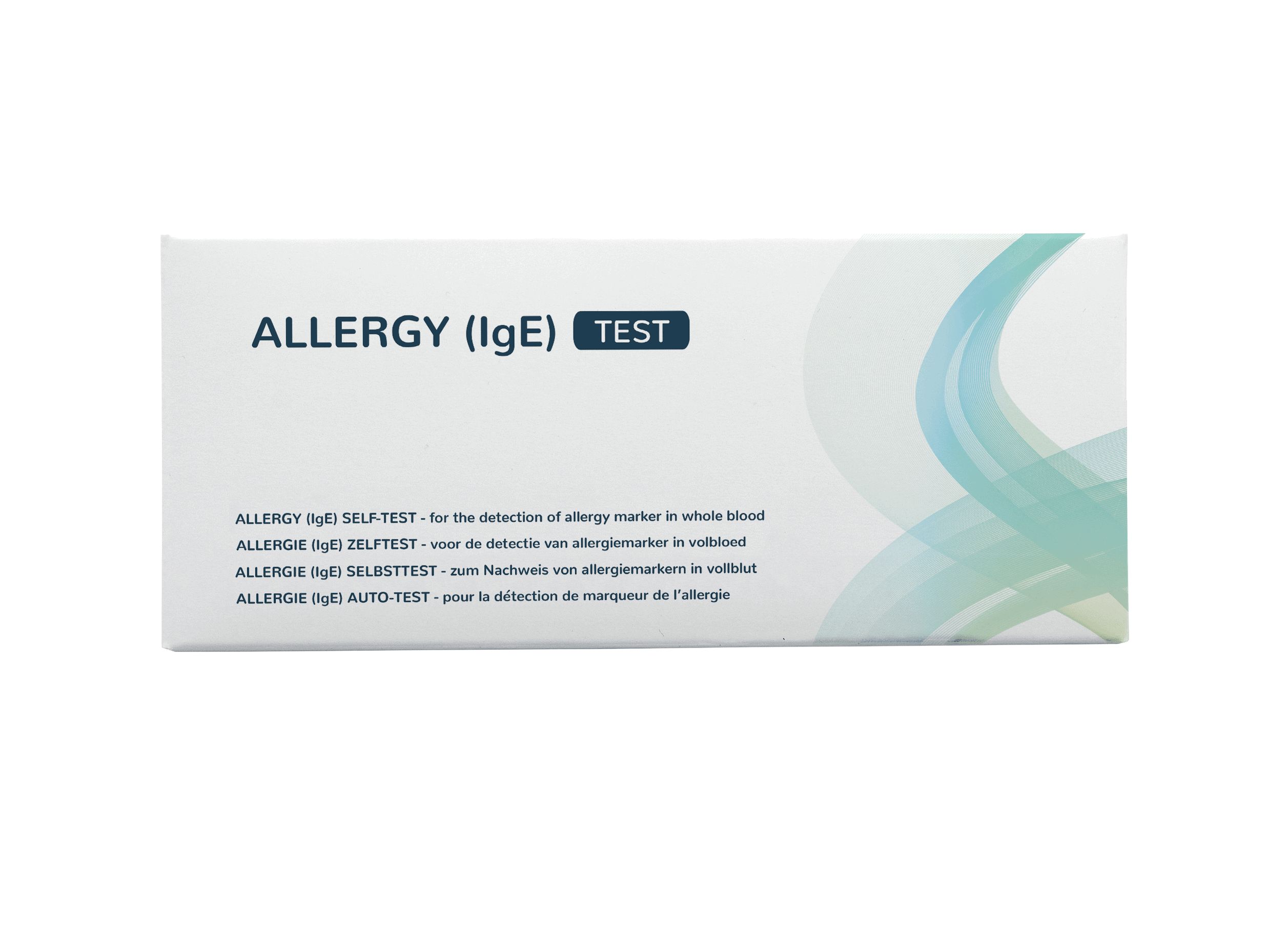 Emballage du test Allergy (IgE) avec informations produit multilingues.