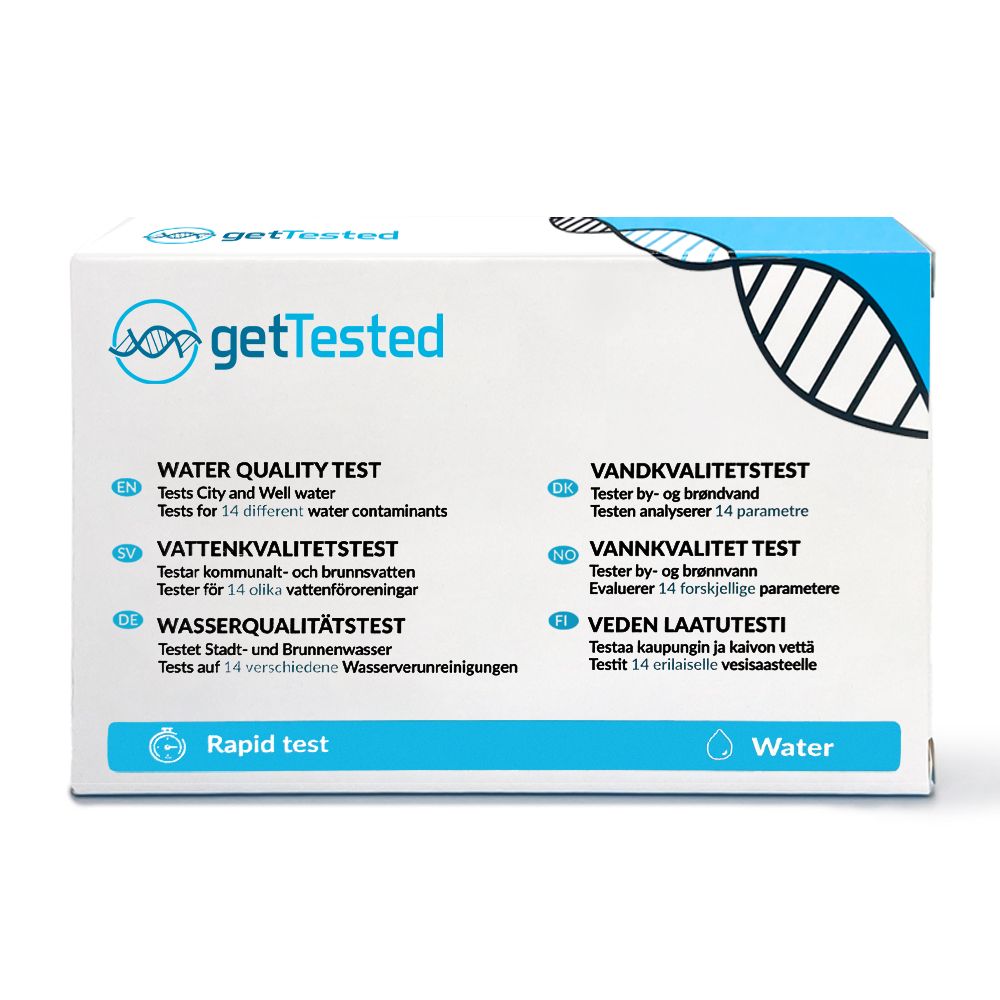 GetTested testverpakking. Voorkant met productnaam en logo's. Bevat informatie over watertests en verschillende talen.