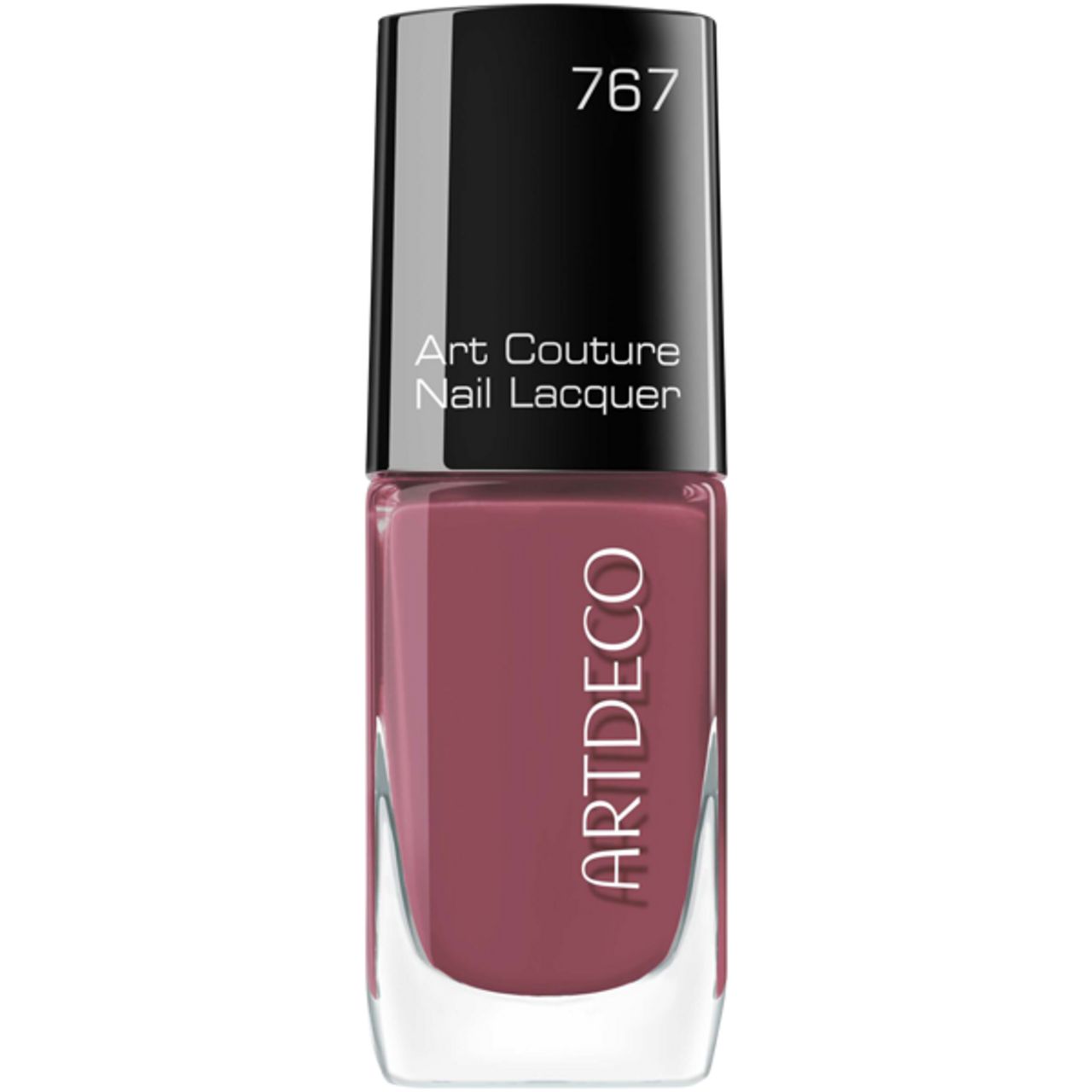 Roze nagellakfles. Zwarte dop met opschrift "767" en "Art Couture Nail Lacquer". Merk: ARTDECO.