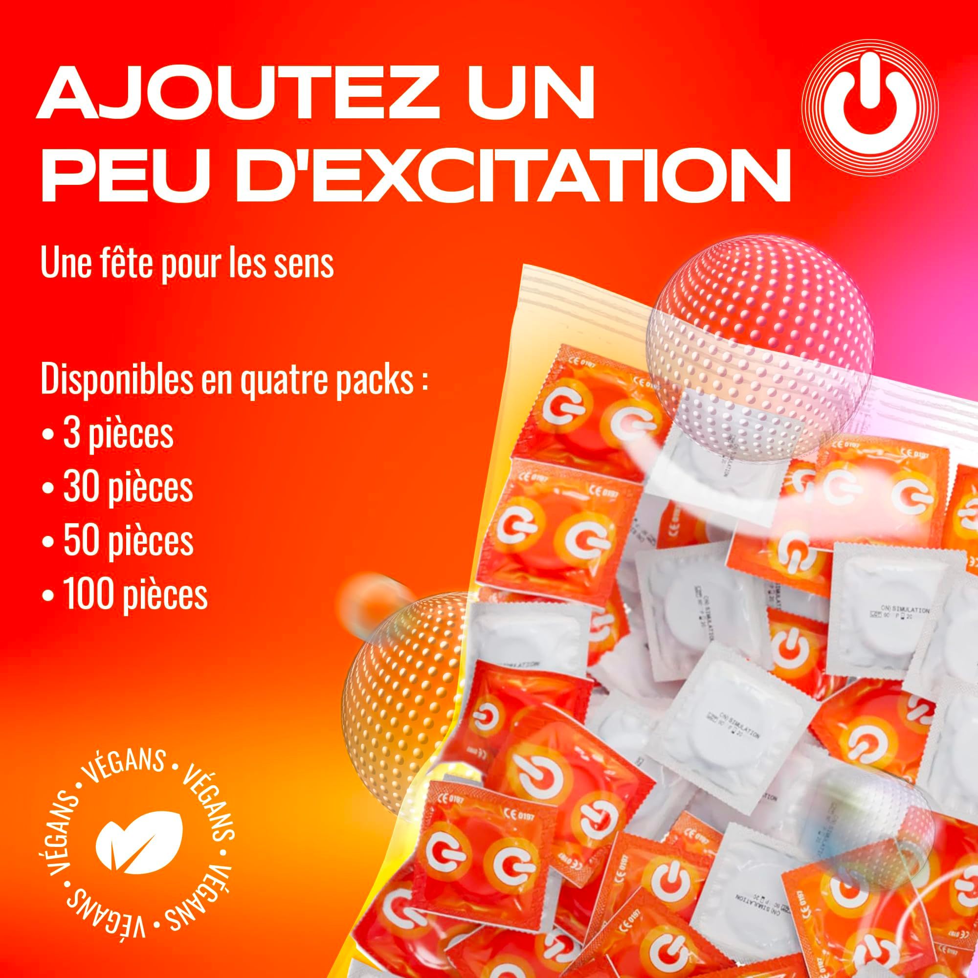 Préservatifs ON), 50 pièces, latex naturel, granulés, lubrifiant silicone.