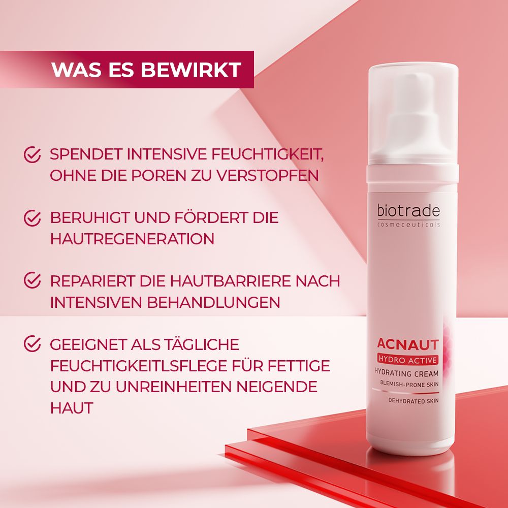 Witte fles met pomp. Tekst: Biotrade, Acnaut Hydro Active, Hydrating Cream. Roze achtergrond met tekst: Hydrateert intens.