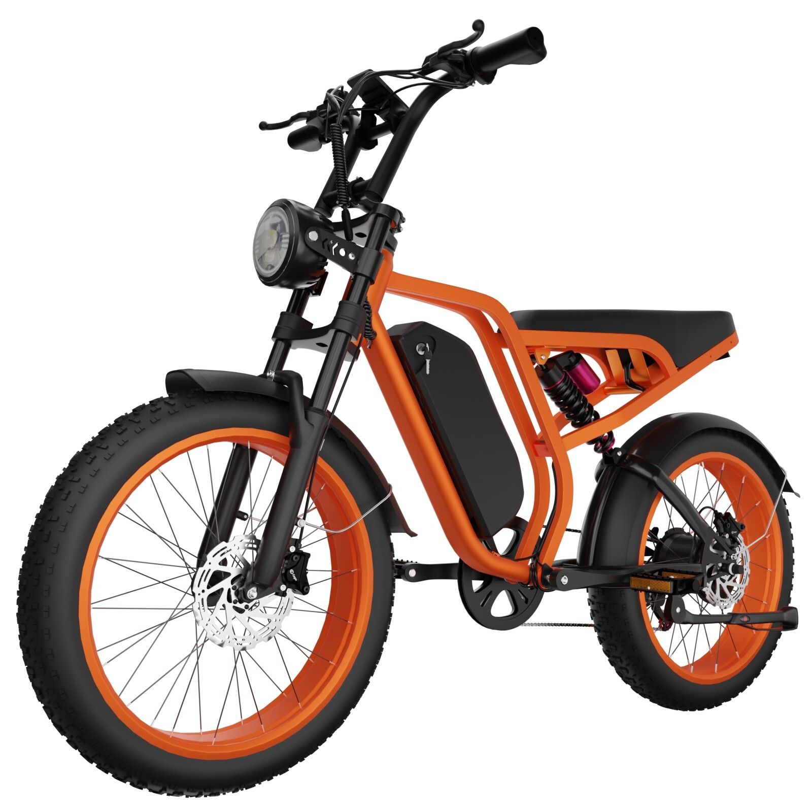 Vélo électrique tout-terrain orange. Éléments noirs : cadre, pneus, selle. Phare rond. Batterie sur le cadre.