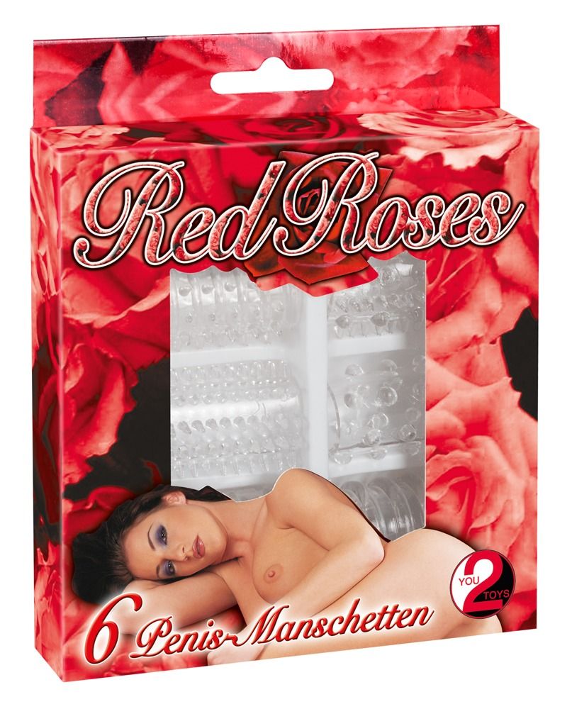 Verpakking van You2Toys Red Roses Sleeves met zes sleeves en een vrouw.