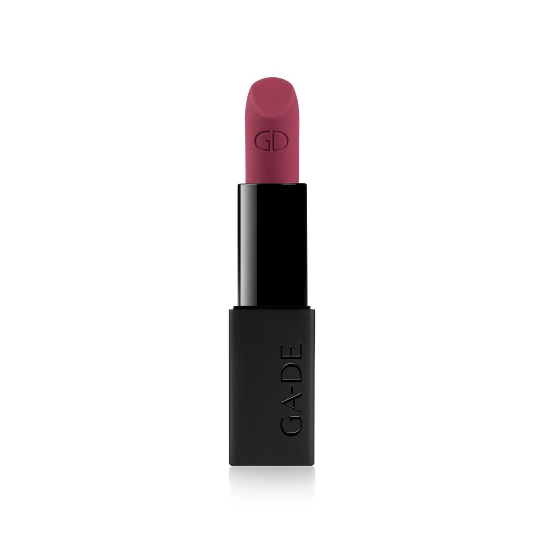Rouge à lèvres mat. Boîtier noir avec inscription GA-DE. GD est gravé sur le rouge à lèvres.