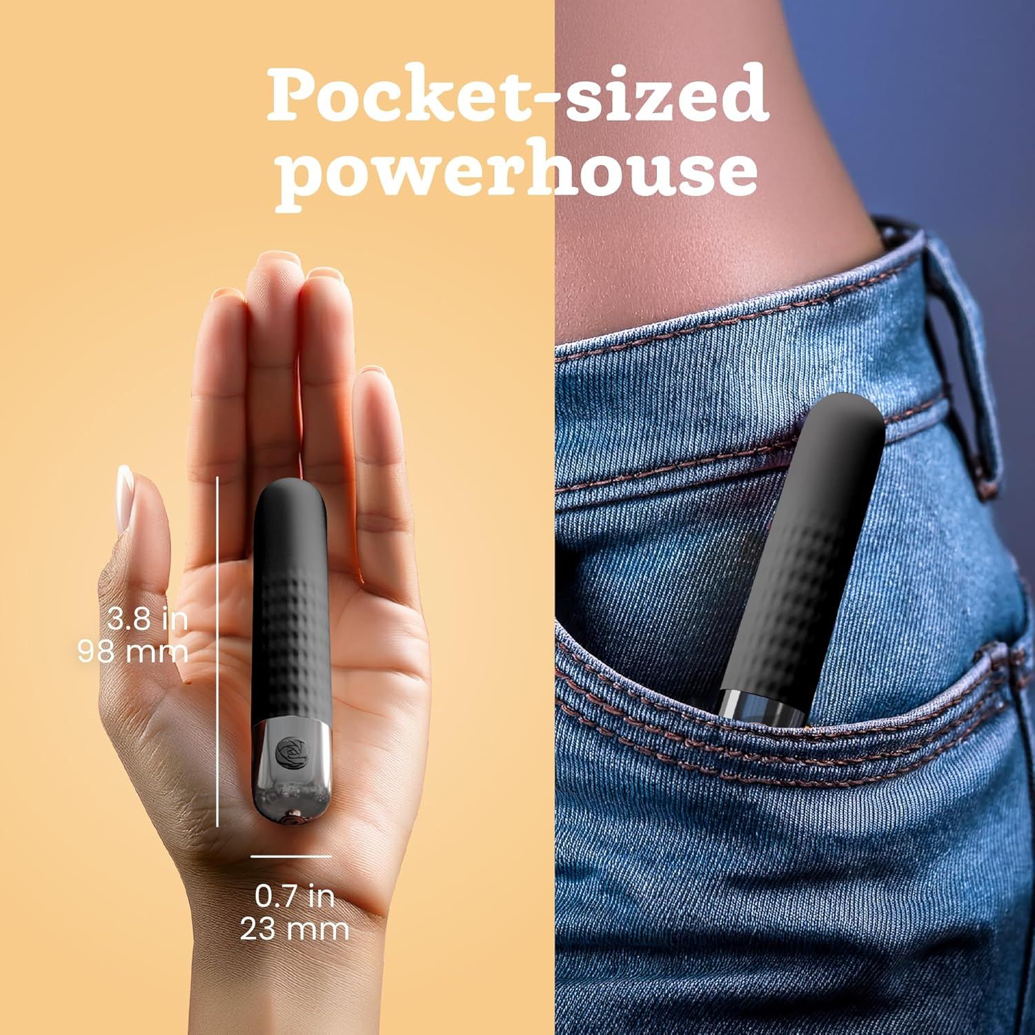 Compacte zwarte Bullet Vibrator, 98 mm lang, 23 mm diameter. Past in broekzak.