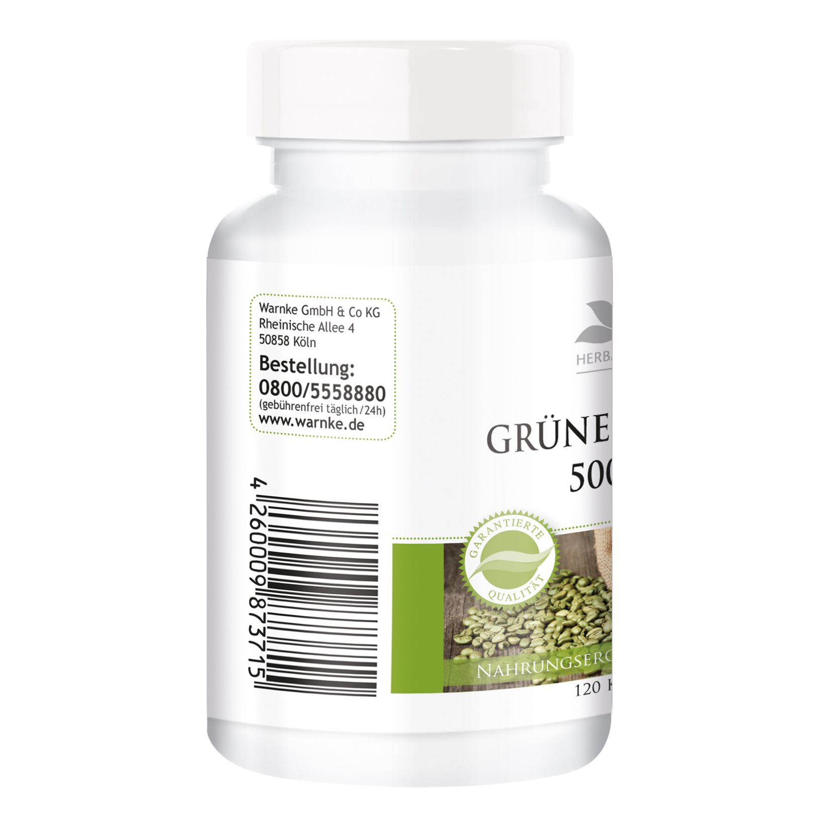 Flacon blanc avec étiquette verte. Inscription: GRÜNER KAFFEE 500MG. Sceau: Qualité garantie. Dos avec informations fabricant et code-barres.