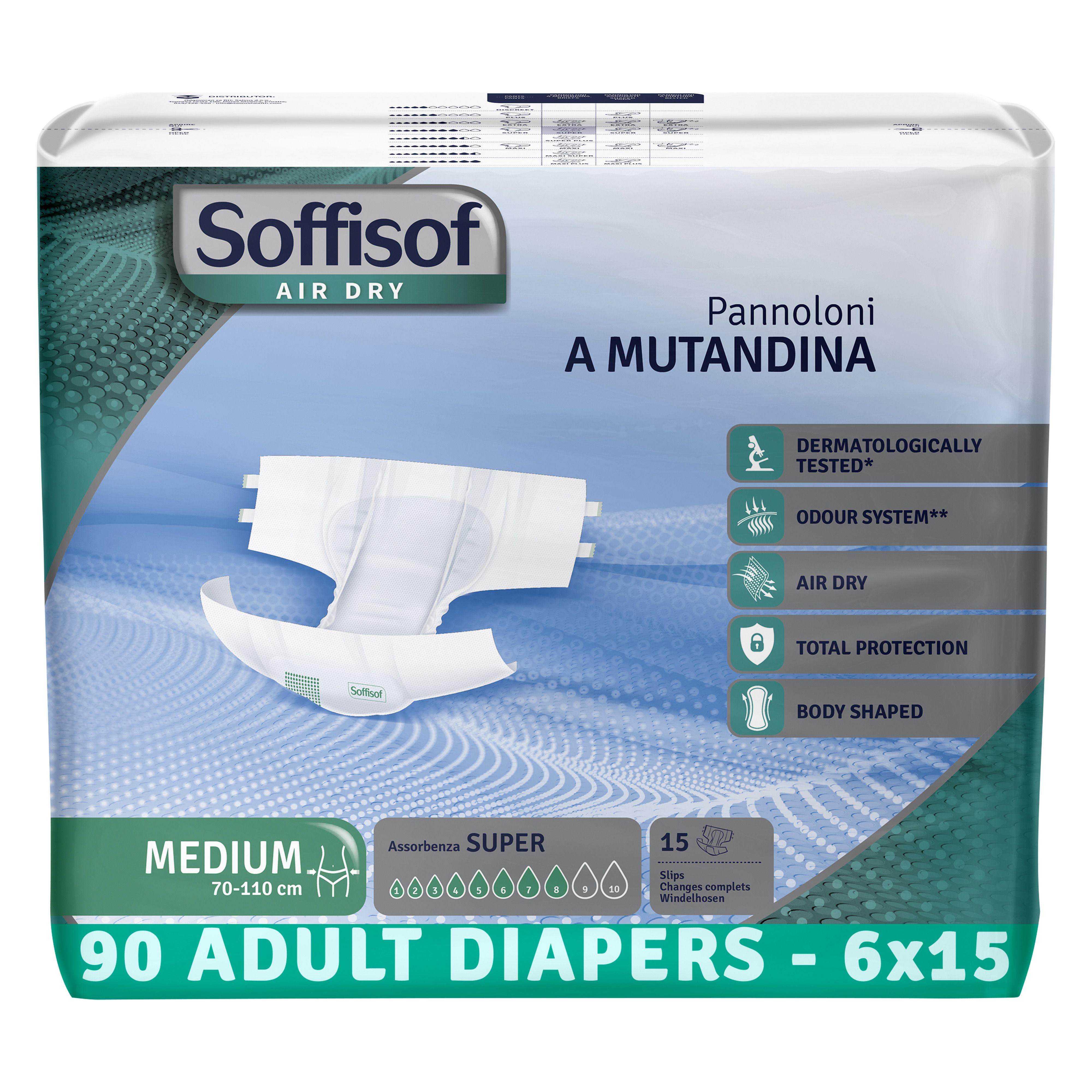 Verpakking van 90 volwassenenluiers. Maat Medium, 70-110 cm. Met SUPER absorptie. Dermatologisch getest.