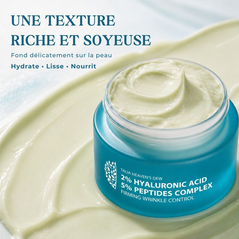 Un pot de crème à l'acide hyaluronique et complexe peptidique, avec des icônes pour l'hydratation, la douceur et la fermeté.