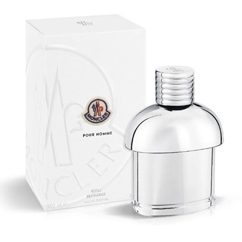 Flacon et emballage Moncler Pour Homme Eau de Parfum. Flacon argenté avec boîte blanche.