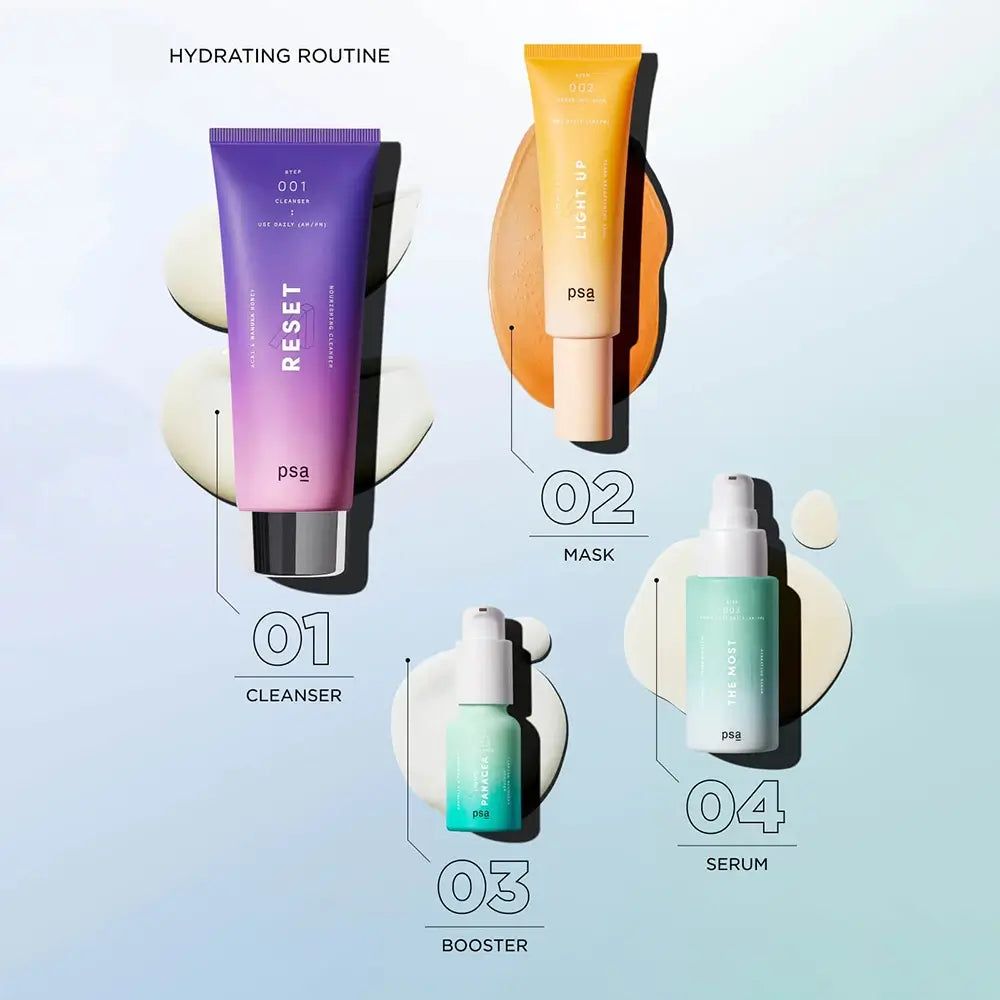 Routine de soins de la peau PSA : nettoyant, masque, booster et sérum.