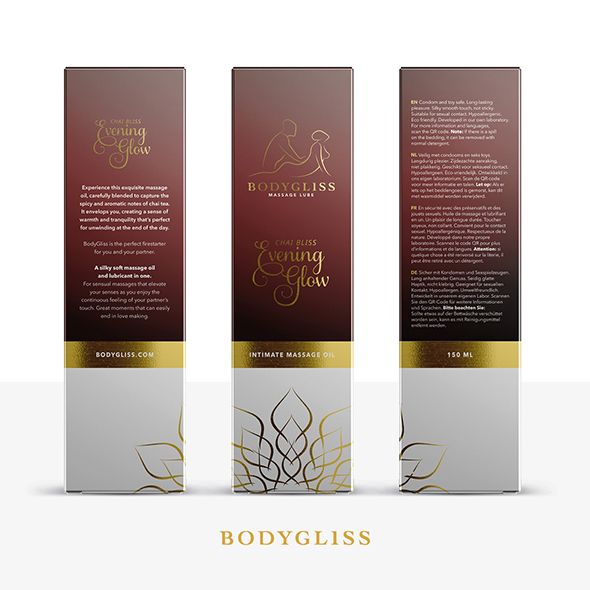 Trois emballages de Bodygliss. Inscription: Chai Bliss Evening Glow. Texte et logo.