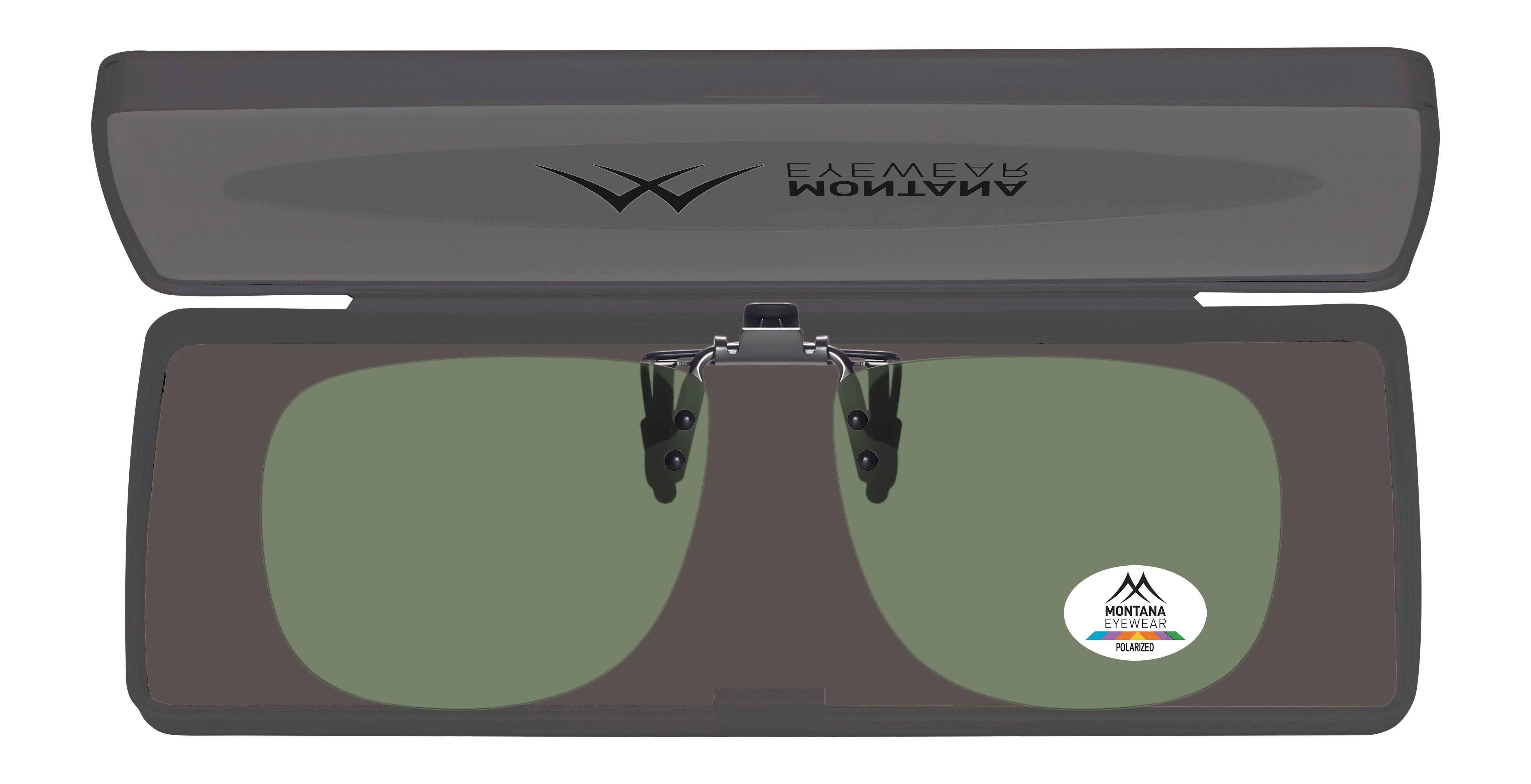 Clip-on dans étui. Verres verts, logo Montana Eyewear. Étui avec logo.