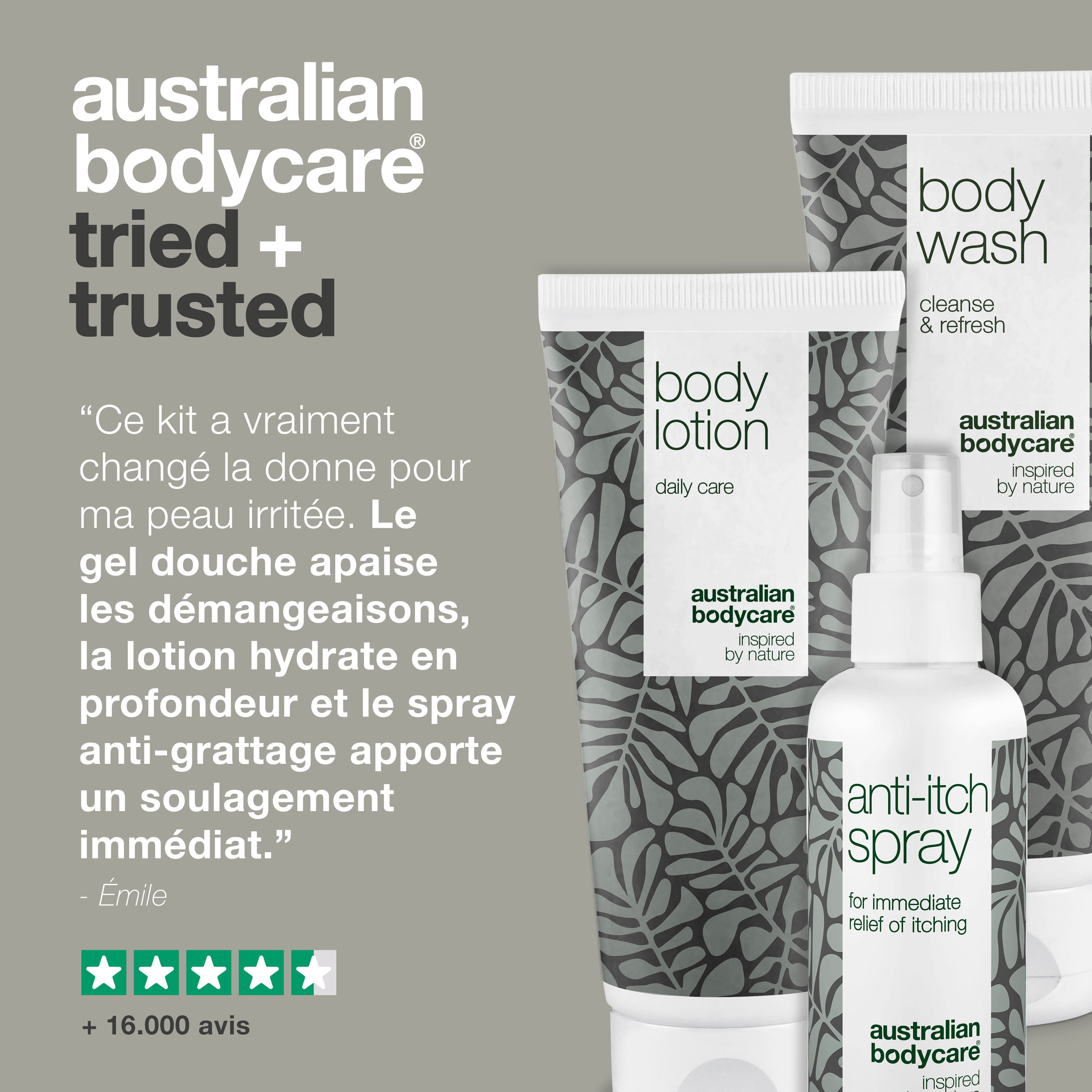 Trois produits Australian Bodycare. Citation : Ce kit m'a vraiment aidé. Évaluation cinq étoiles.