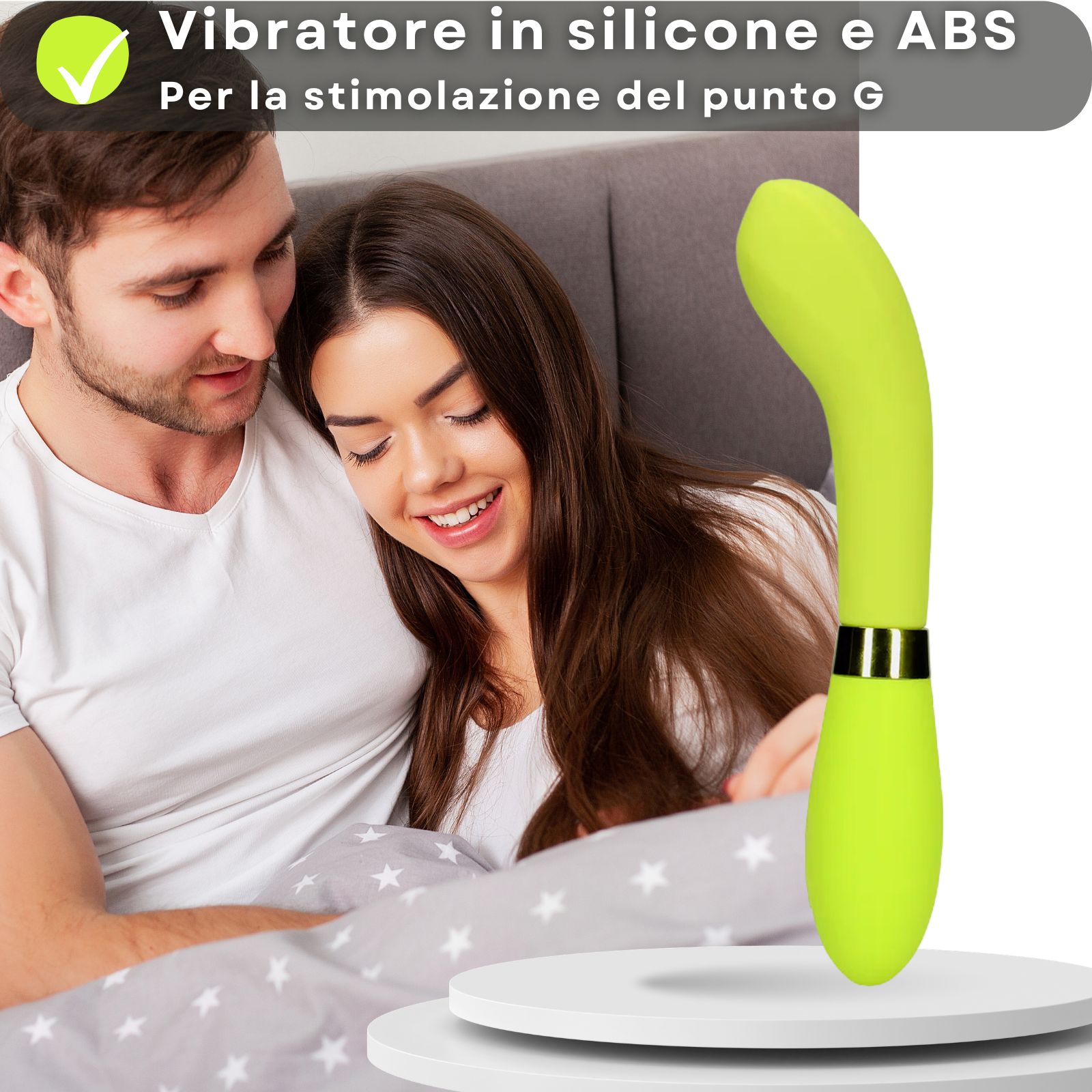 Groene vibrator, tekst: 10 vibraties, USB oplaadbaar. Koppel kust in bed.