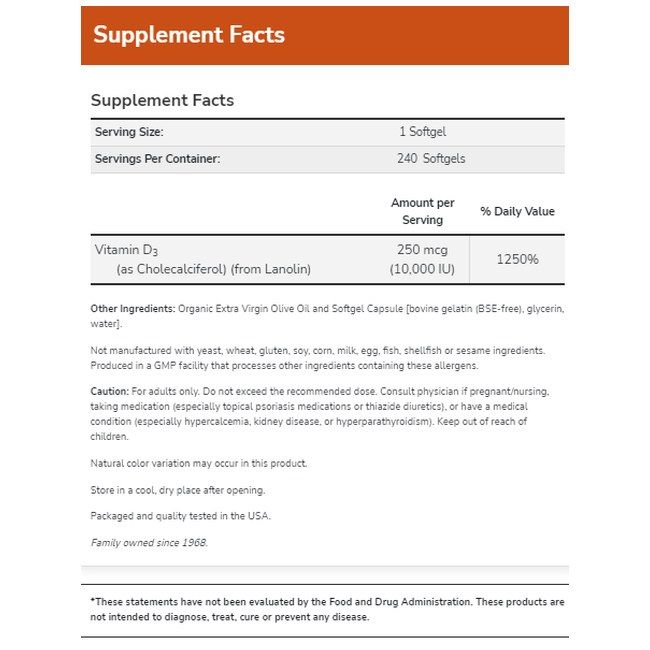 Informations nutritionnelles pour Now Foods Vitamine D-3 10000 UI Softgels. Indique la posologie, les ingrédients et le % de la valeur quotidienne.