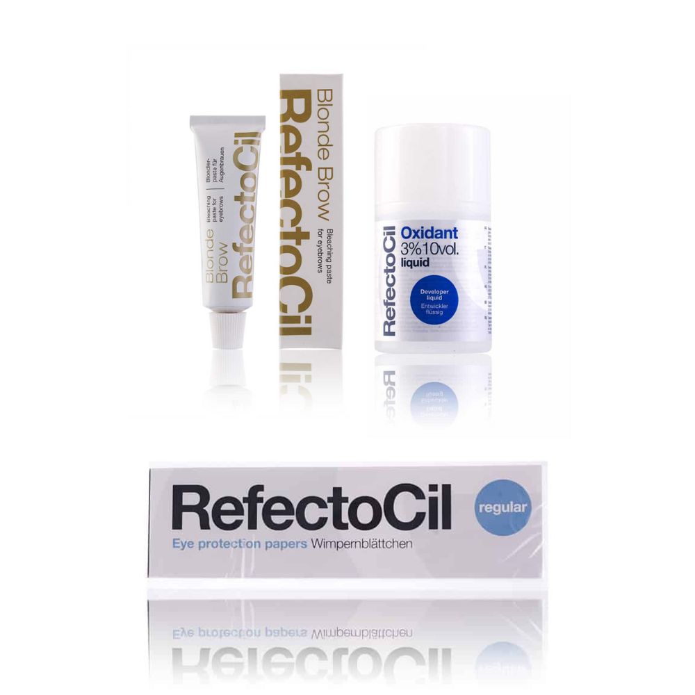 Ensemble de pâte blondissante, oxydant et papillotes. Produits avec l'inscription RefectoCil. Inscription Blonde Brow et Oxidant 3% 10vol.