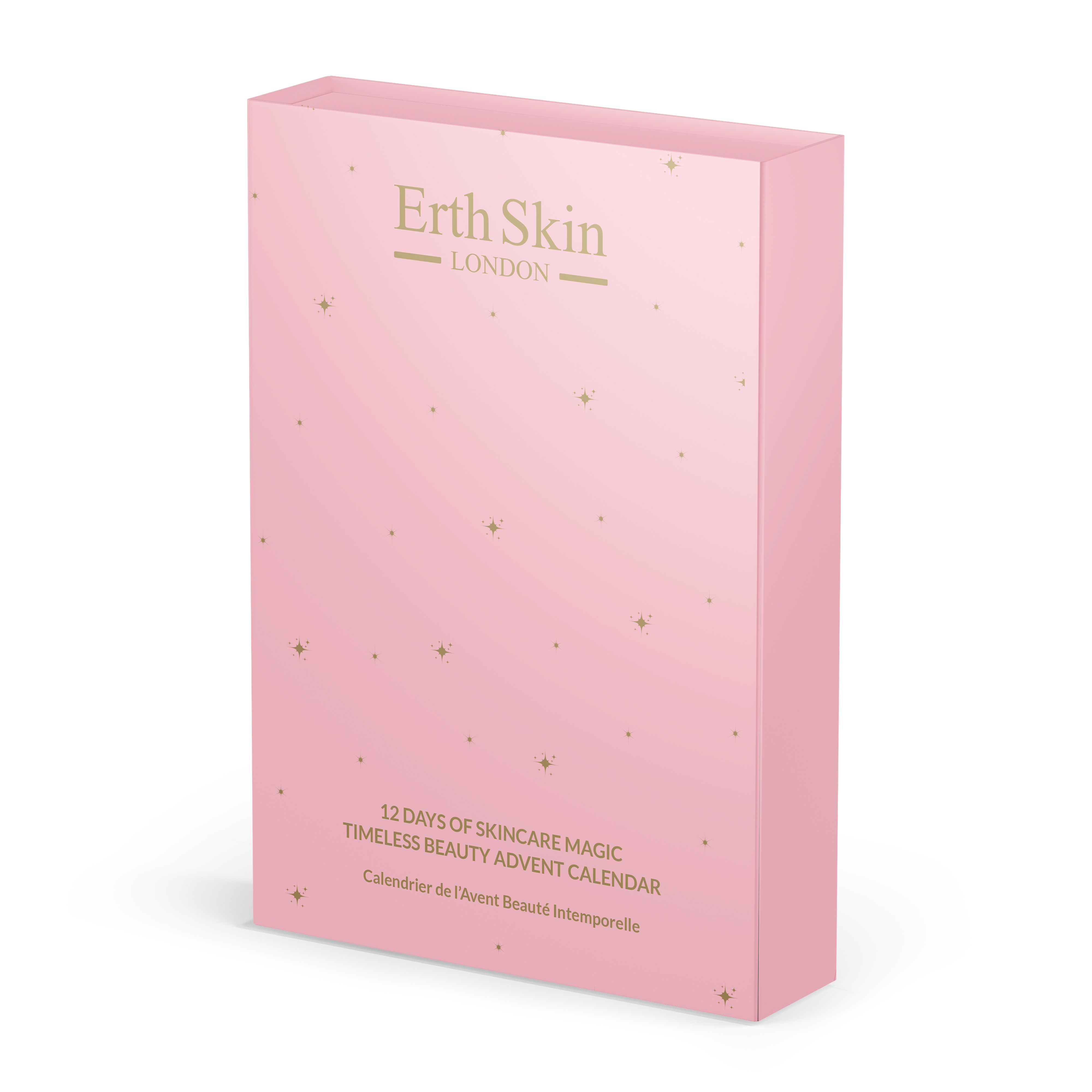 Roze adventskalender met gouden tekst. Bevat "Erth Skin London" en "12 Days of Skincare Magic".