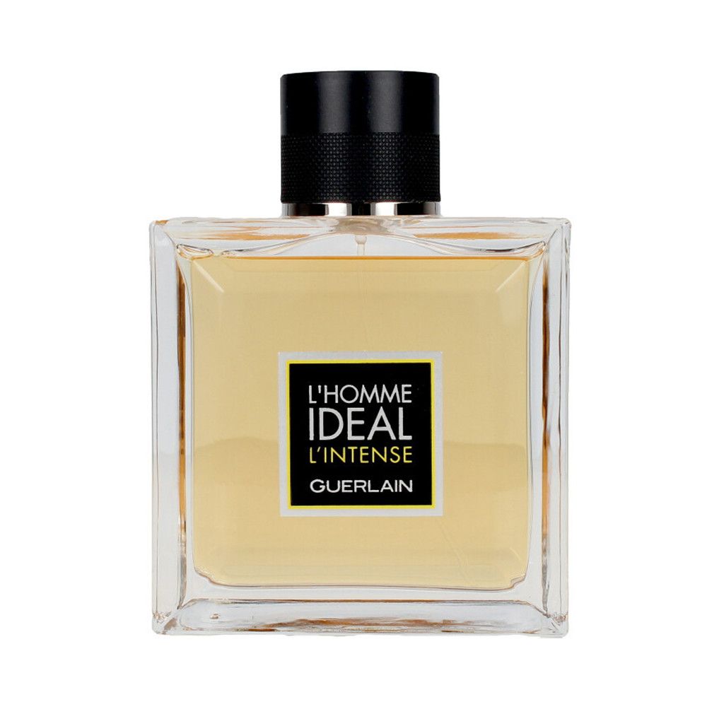 Transparante flacon met gelige vloeistof. Opschrift: L'Homme Idéal L'Intense, Guerlain. Zwarte dop.