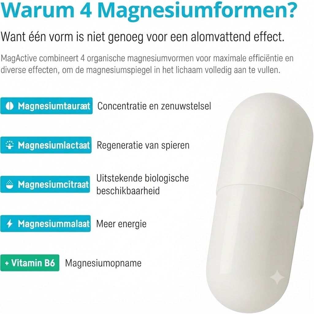 Witte capsule met tekst over vier magnesiumvormen en vitamine B6.