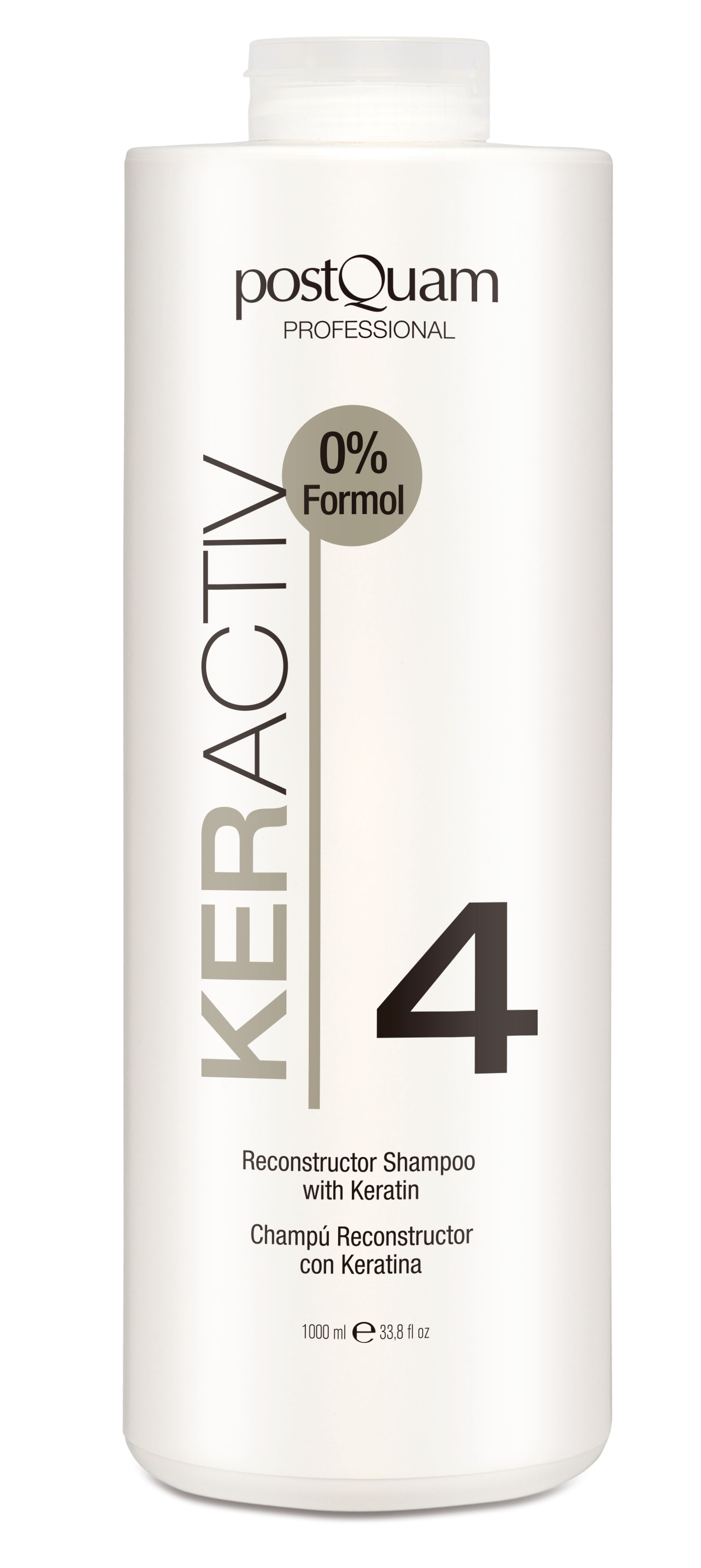 Witte shampoo fles met KERACTIV, 4 en 0% Formol. Tekst: Reconstructor Shampoo with Keratin.