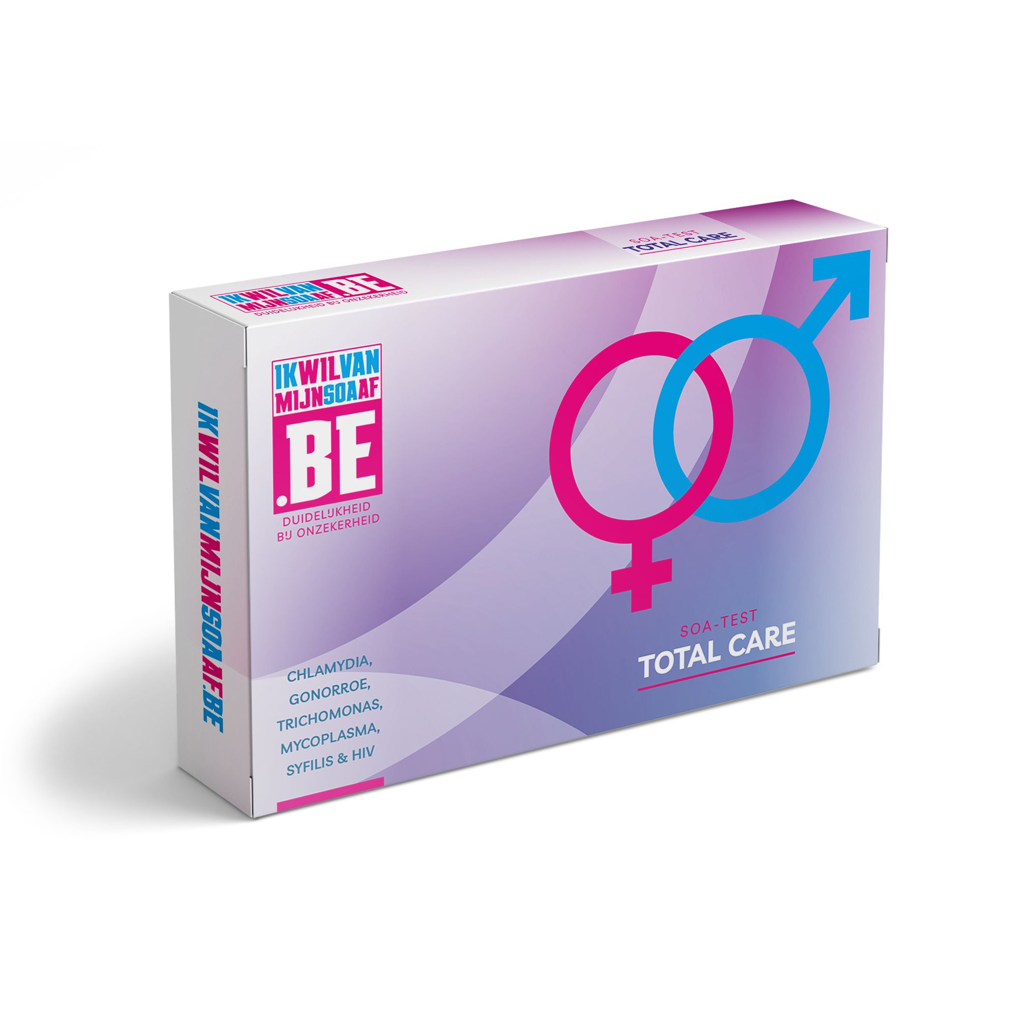 Witte doos, paarse achtergrond. Geslacht symbolen. Tekst: Total Care, Chlamydia, Gonorroe, Trichomonas, Mycoplasma, Syfilis & HIV.