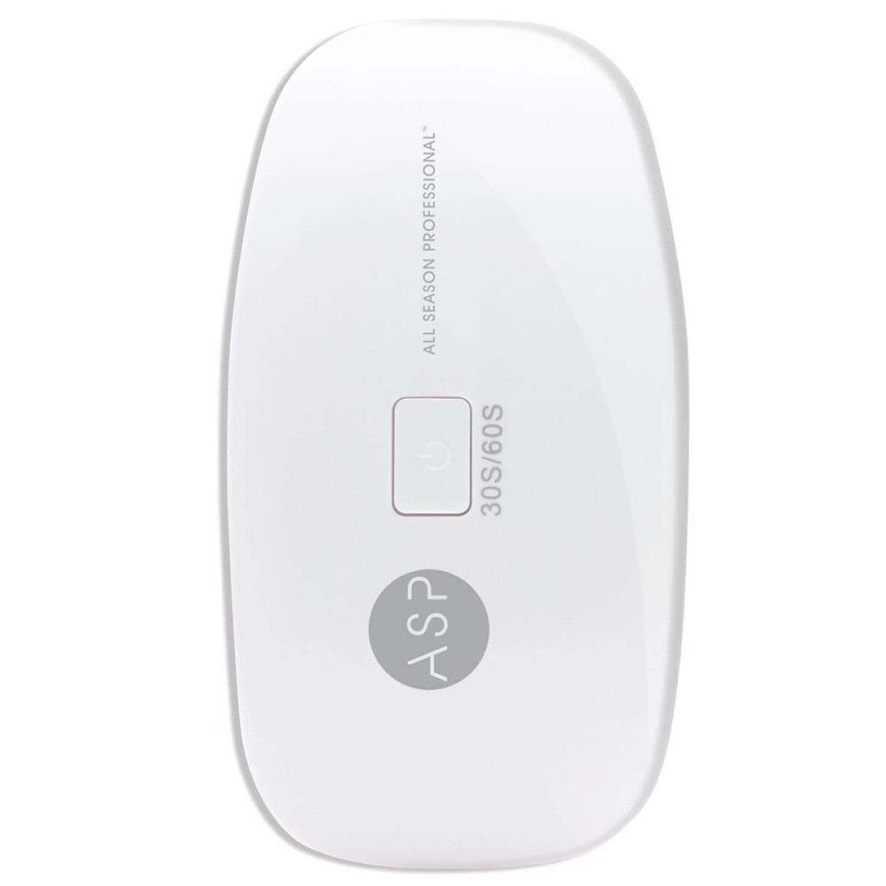 Lampe LED ovale blanche. Logo ASP et texte en haut. Bouton et affichage 30S/60S. All Season Professional.