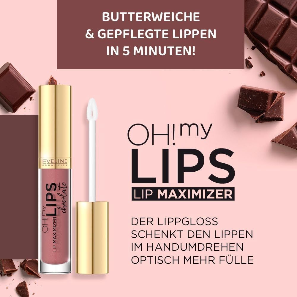 Eveline Cosmetics Oh! My Lips Lip Maximizer Chocolate. Tube dorée avec applicateur. Morceaux de chocolat en arrière-plan.