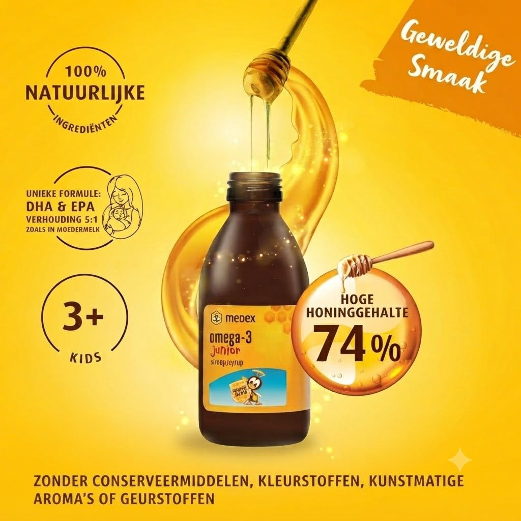 Omega-3 Junior siroop fles met honing applicator en 74% honinggehalte. Voor kinderen vanaf 3 jaar.