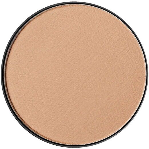 Ronde, beige poeder navulling met zwarte rand. Compacte vorm. Bovenaanzicht.
