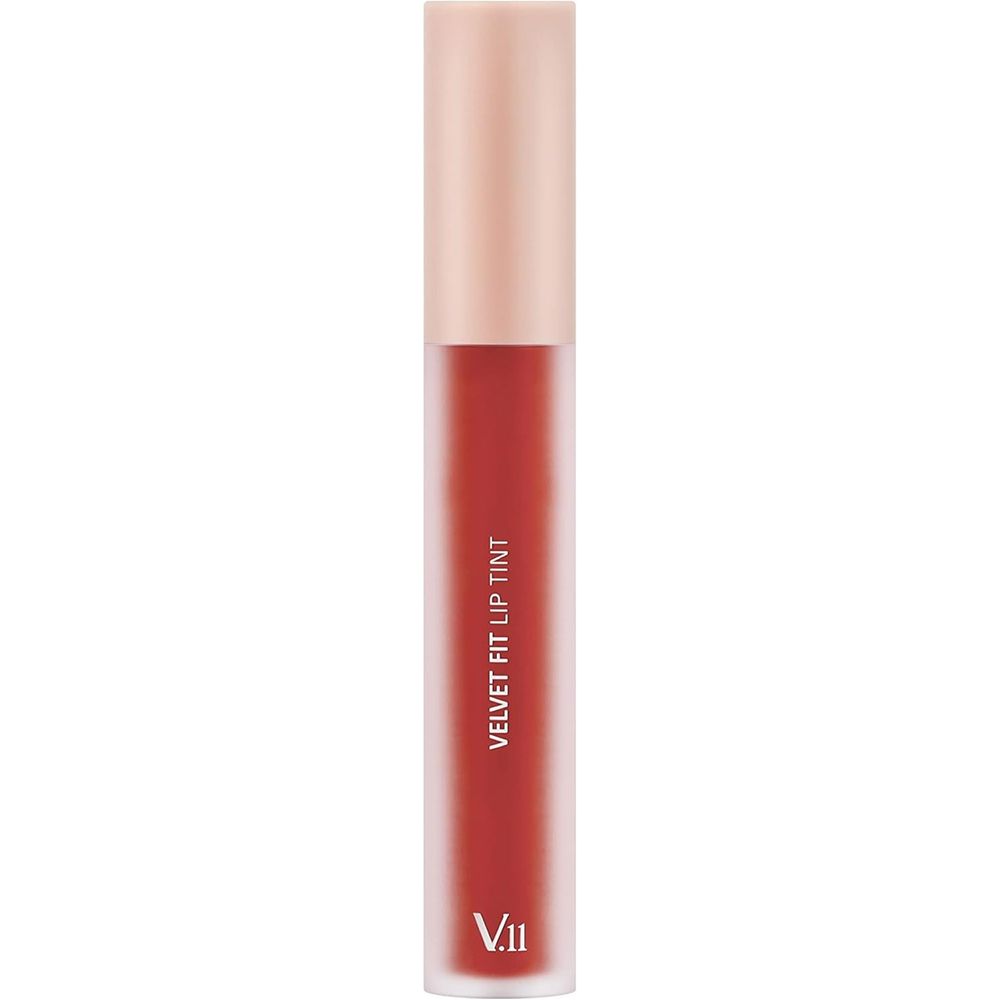 Rouge à lèvres liquide Blooming Red. Logo V11 et texte Velvet Fit Lip Tint.