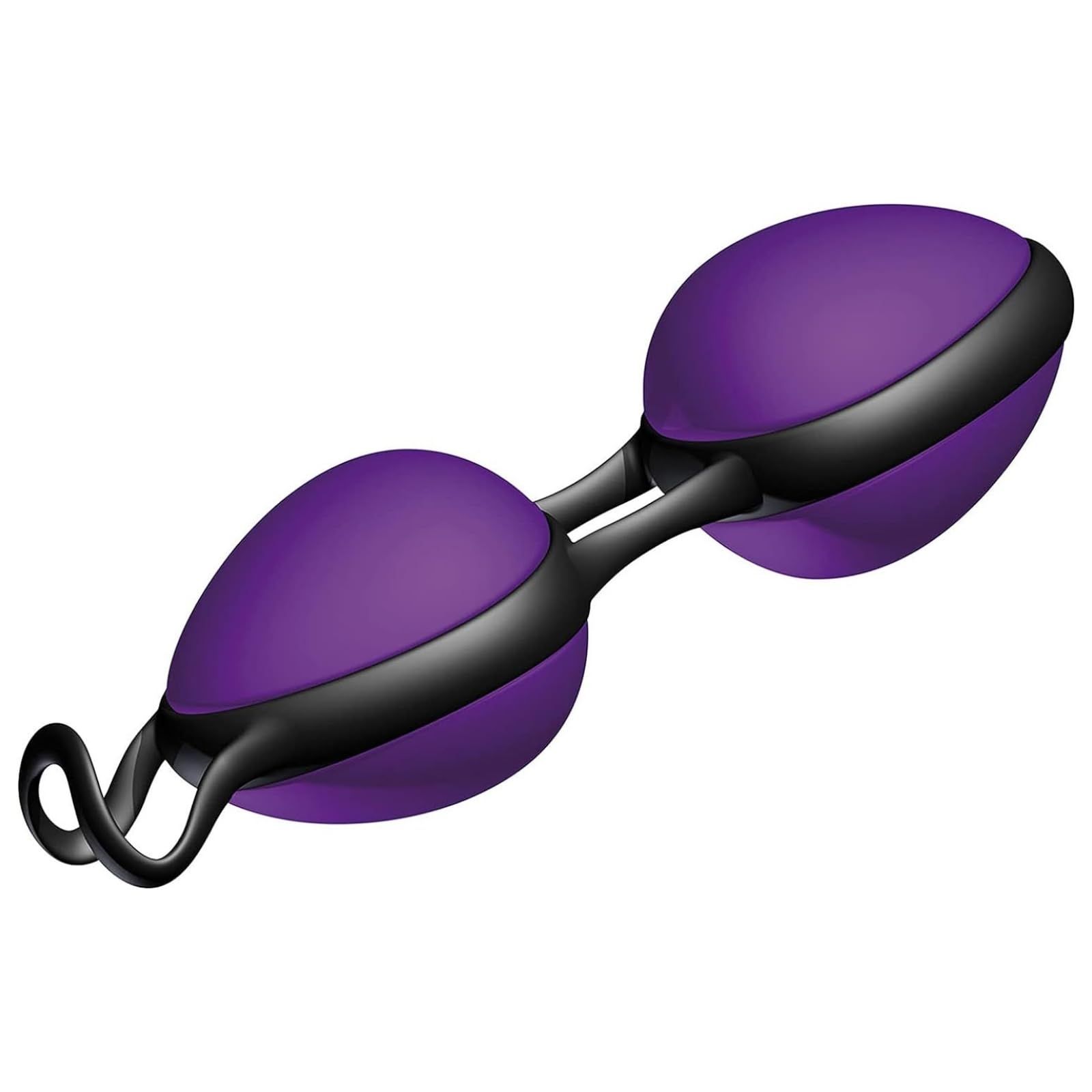 Twee paarse ballen met zwarte accenten, verbonden door een flexibele band.
