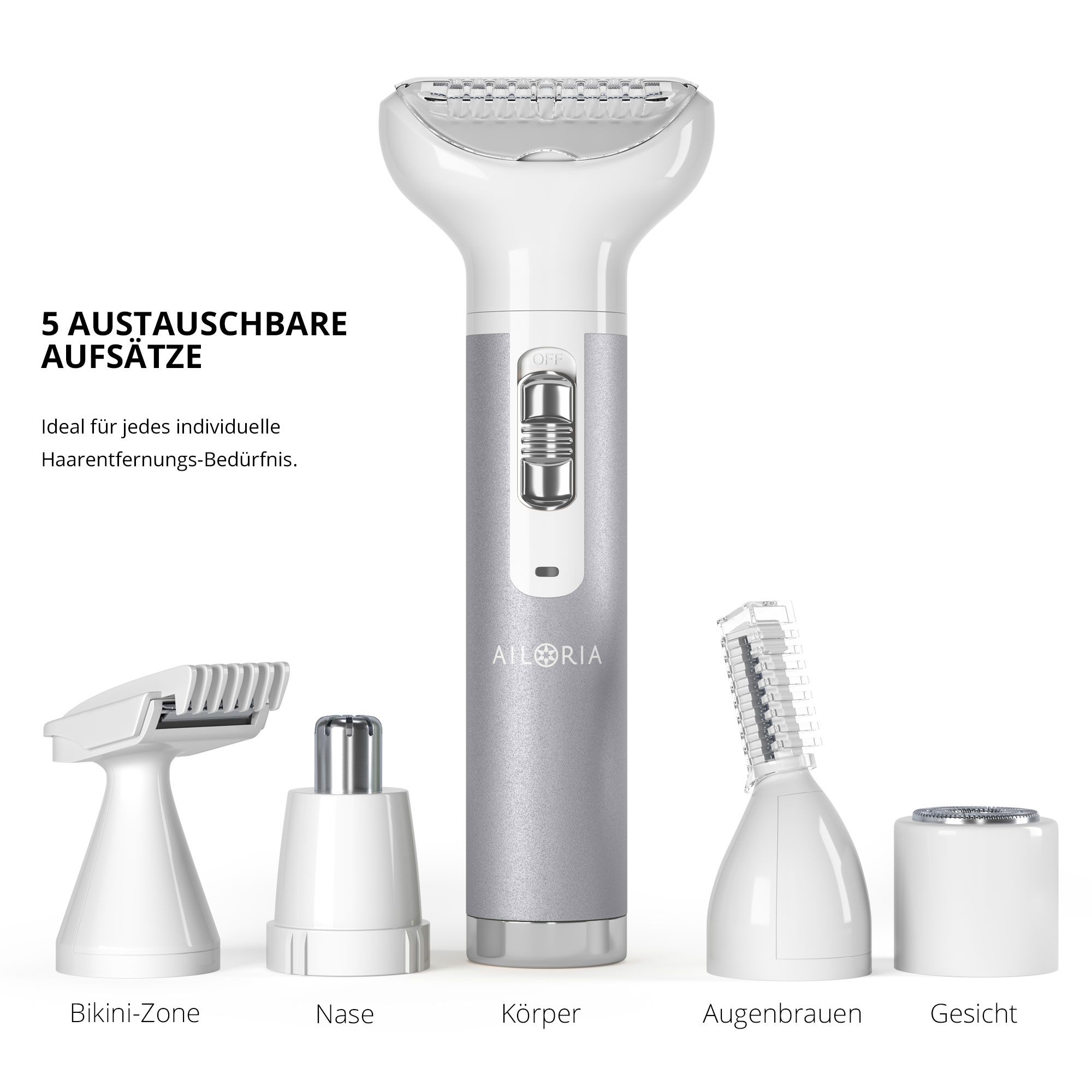 Set AILORIA EVAPORE avec cinq accessoires. Accessoires pour corps, visage, sourcils, nez et zone du maillot. Manche argenté.