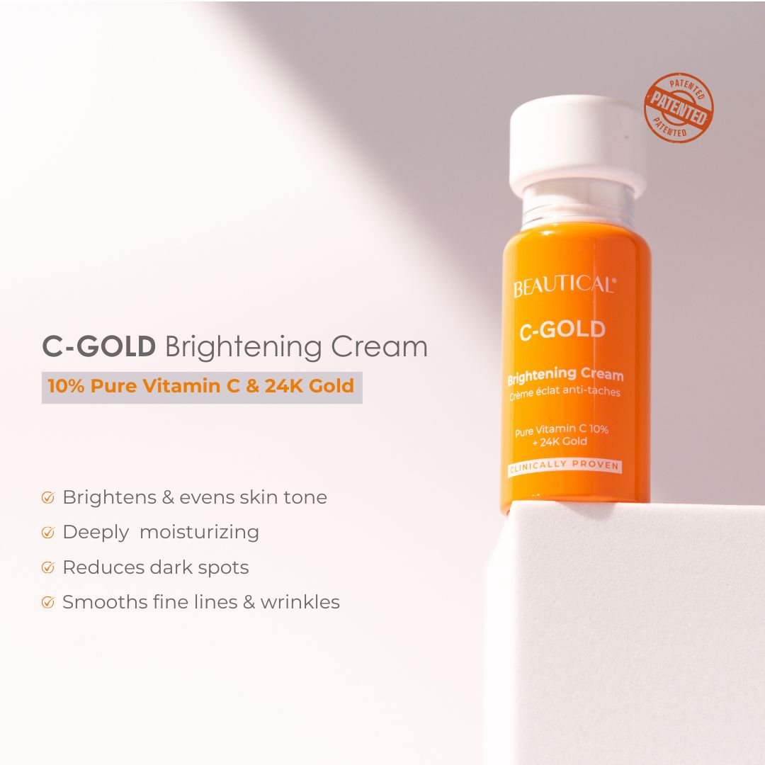Productfles en tekst. Opschrift: C-GOLD Brightening Cream. Tekst: 10% Pure Vitamin C & 24K Gold.
