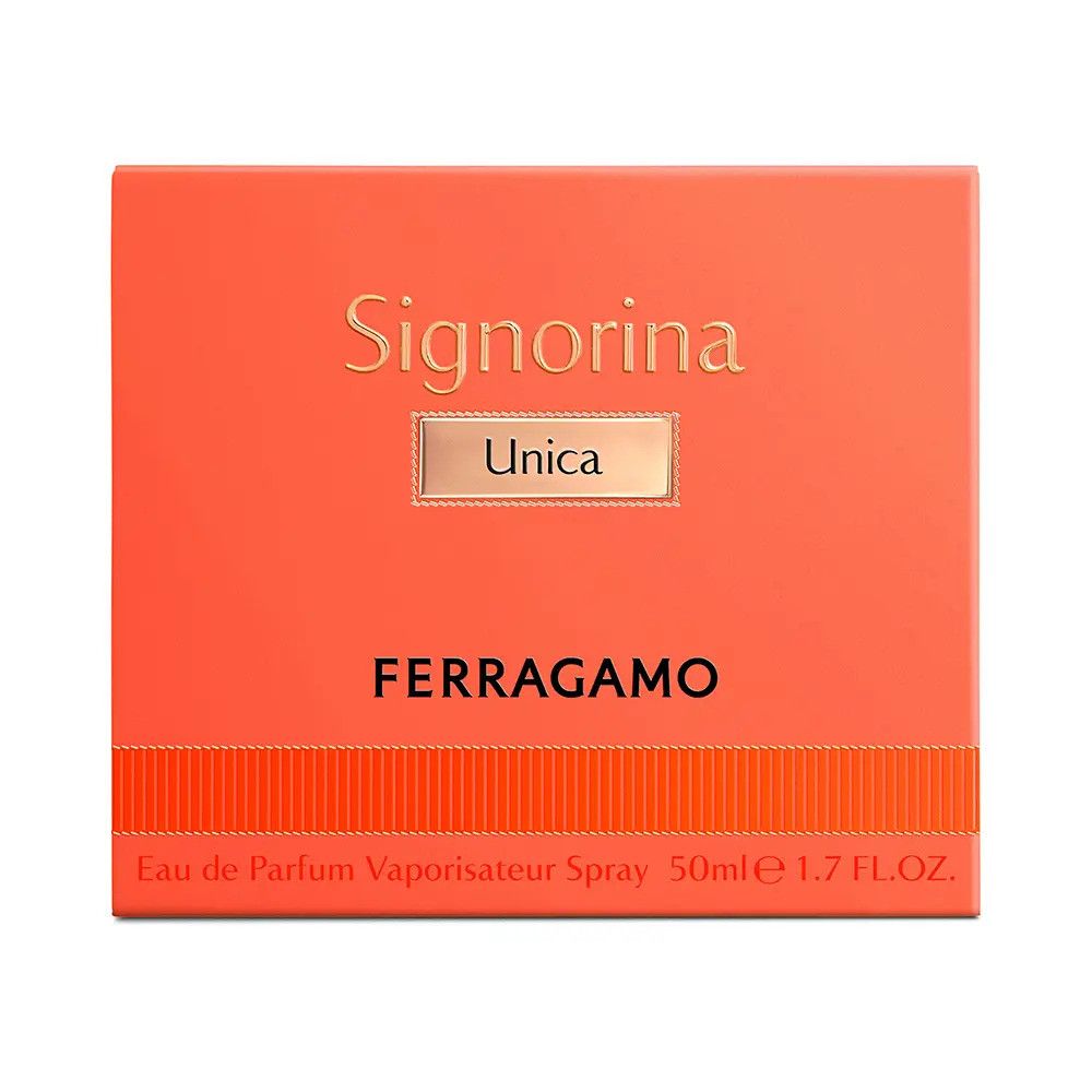 Boîte orange. Inscription : Signorina Unica, Ferragamo. Texte : Eau de Parfum Vaporisateur Spray 50ml 1.7 FL.OZ.