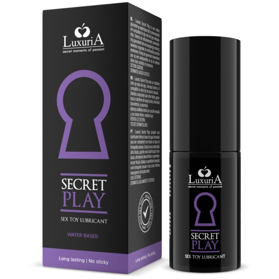 LuxuriA Secret Play glijmiddel voor seksspeeltjes, op waterbasis. Fles en verpakking met sleutelgat-symbool.