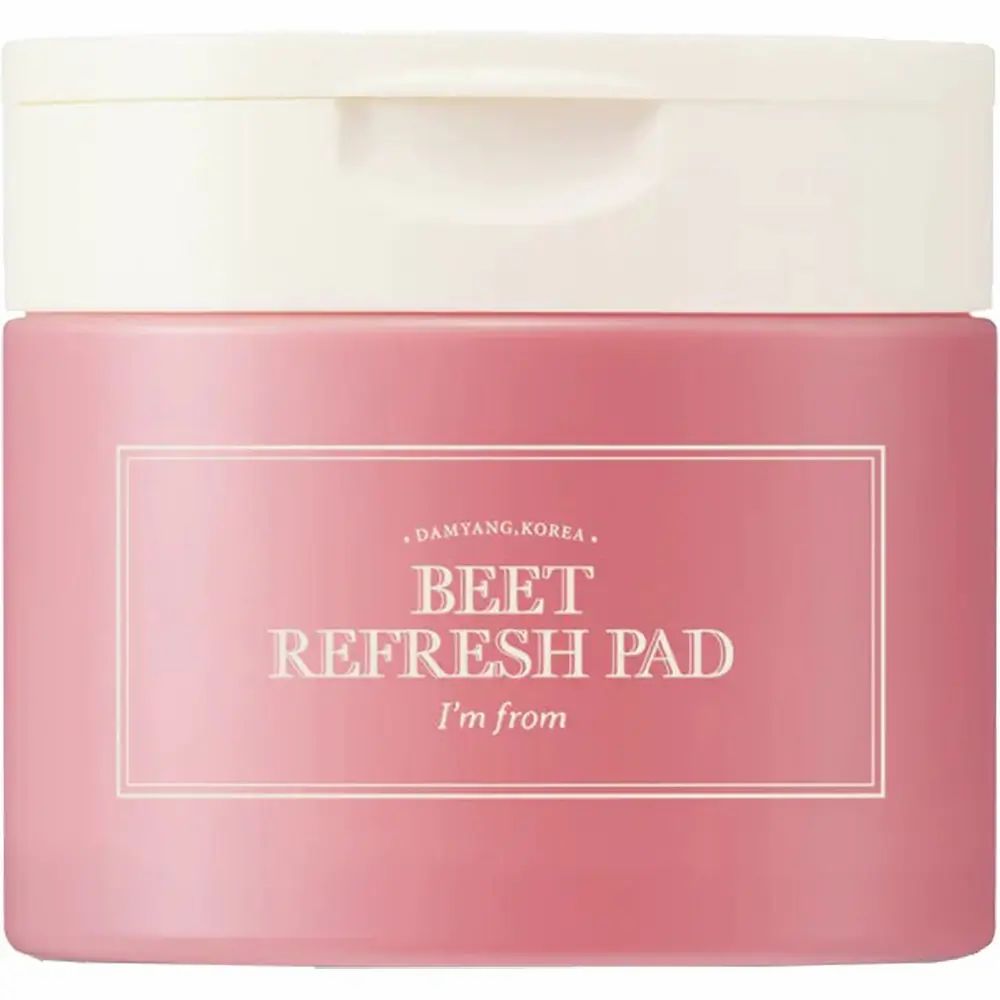 Roze pot met witte deksel. Opschrift: BEET REFRESH PAD, i'm from. Rechthoekige kader.