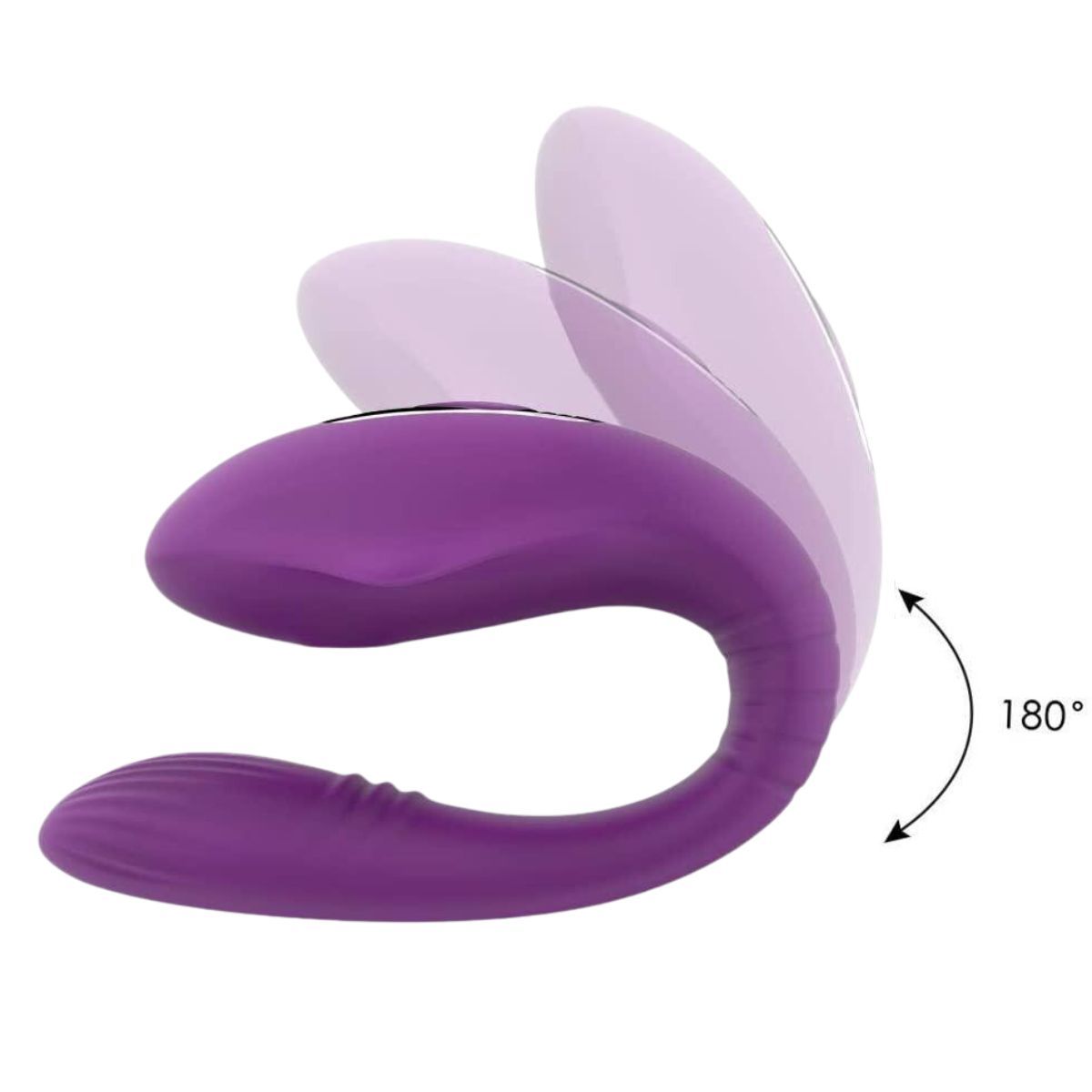 Vibrateur violet en forme de U. Angle de 180 degrés illustré.